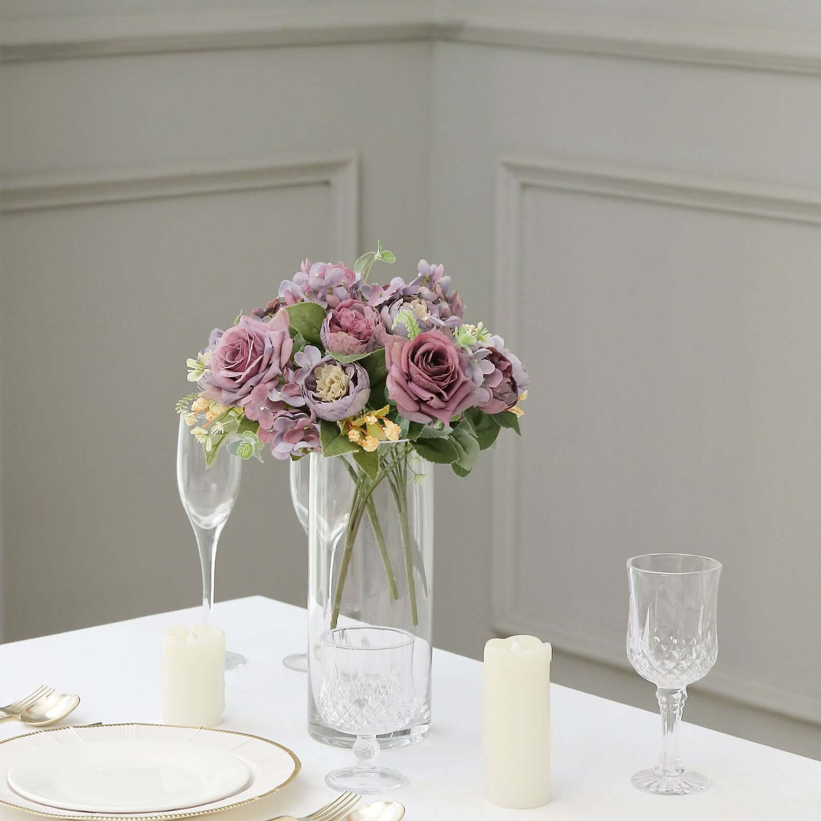 2 Pack Silk Rose Bouquets Mixed Peony & Hydrangea - 12" Purple Artificial Floral Arrangements - Image 6