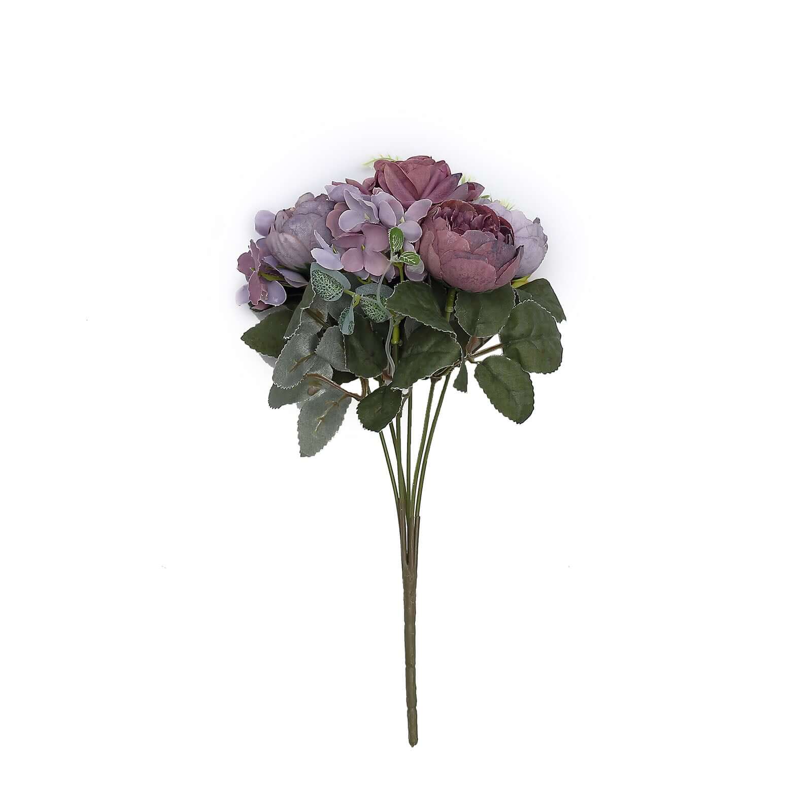 2 Pack Silk Rose Bouquets Mixed Peony & Hydrangea - 12" Purple Artificial Floral Arrangements - Image 7