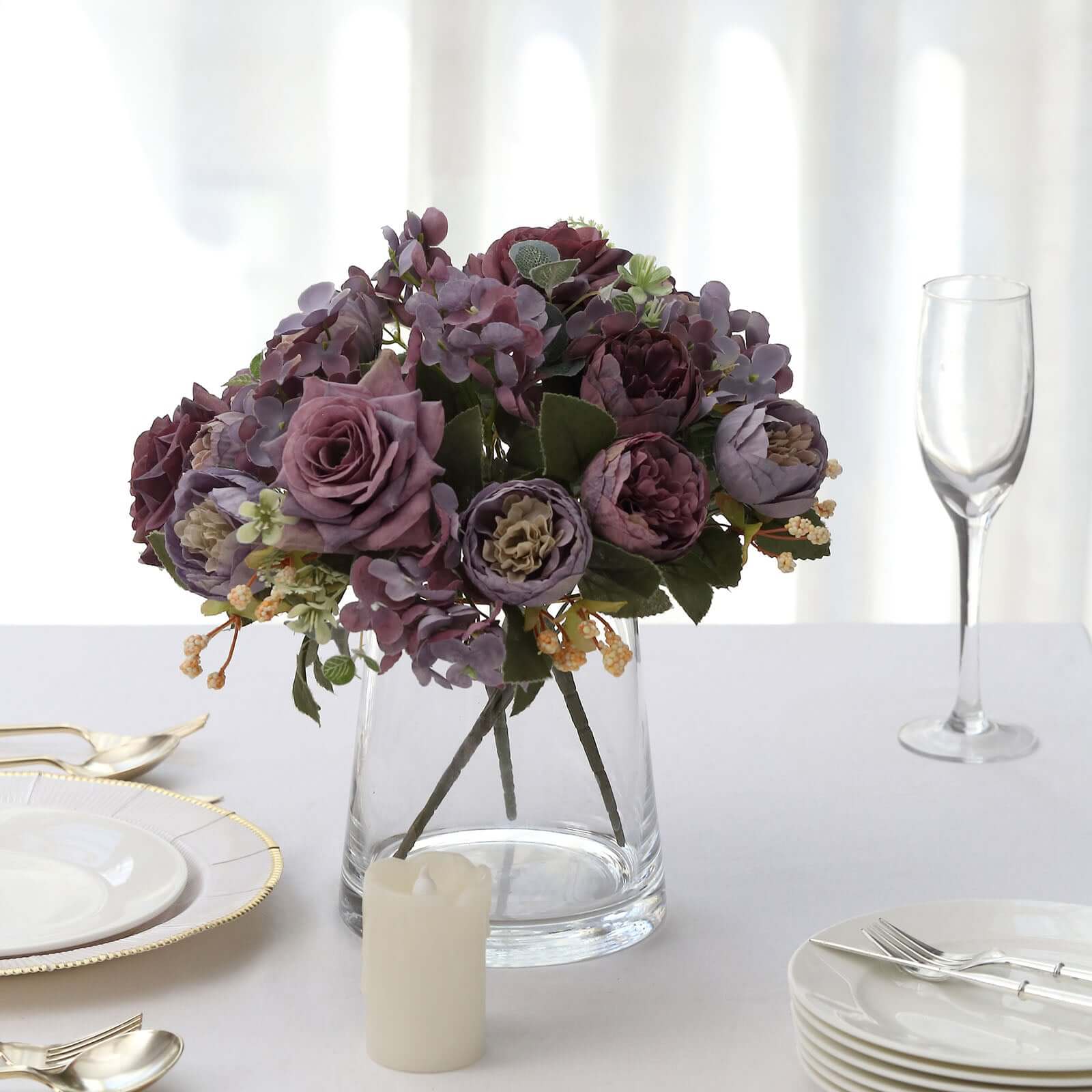 2 Pack Silk Rose Bouquets Mixed Peony & Hydrangea - 12" Purple Artificial Floral Arrangements - Image 8