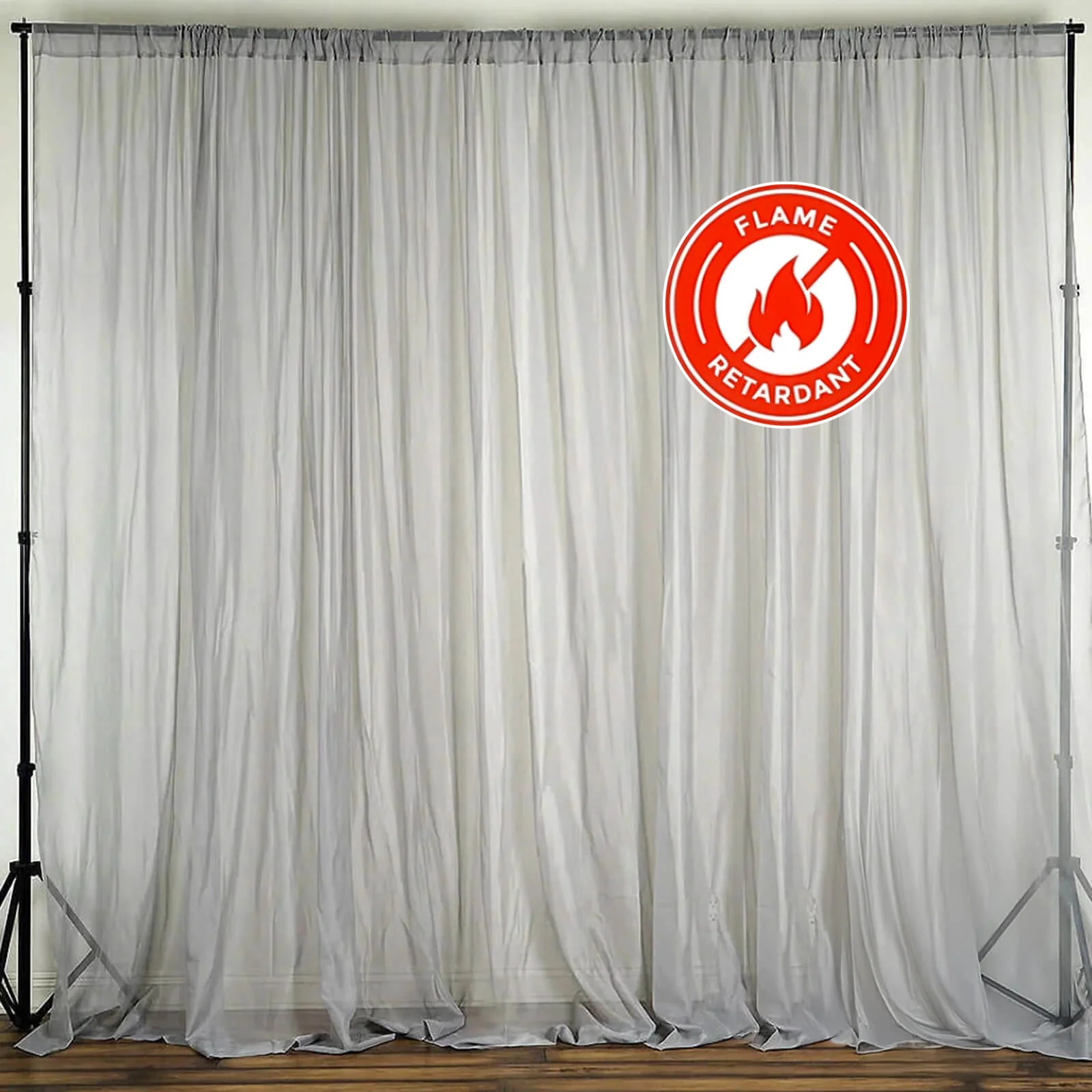 2 Pack 5ftx10ft Silver Chiffon Backdrop Drape Curtains, Durable Flame Resistant Sheer Organza Event Divider Panels With Rod Pockets