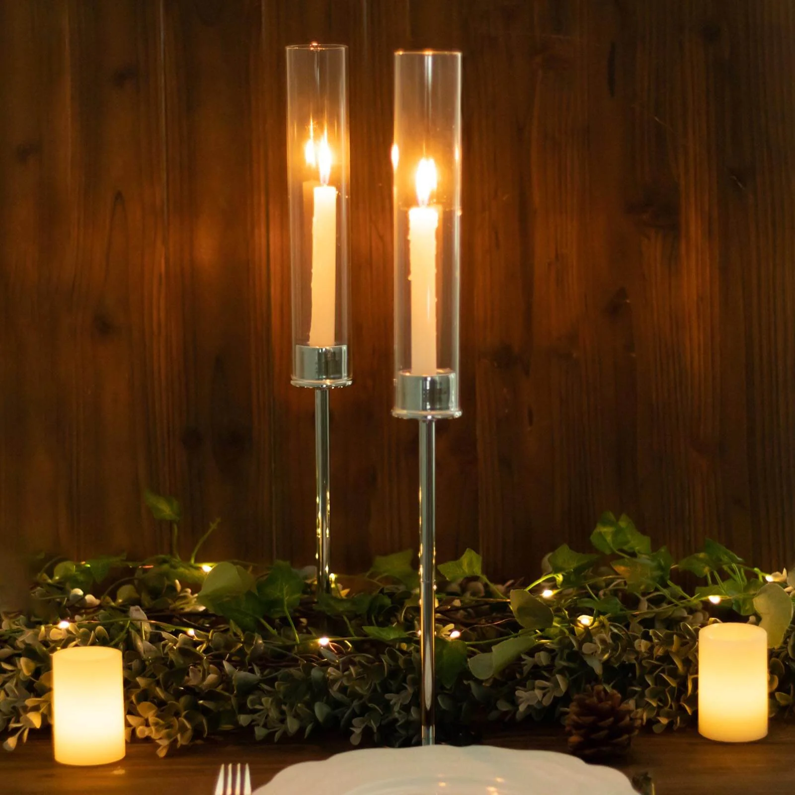 2-Pack Silver Metal Taper Candlestick Holders 20" - Clear Glass Hurricane Candle Stands With Chimney Candle Shades - Image 6