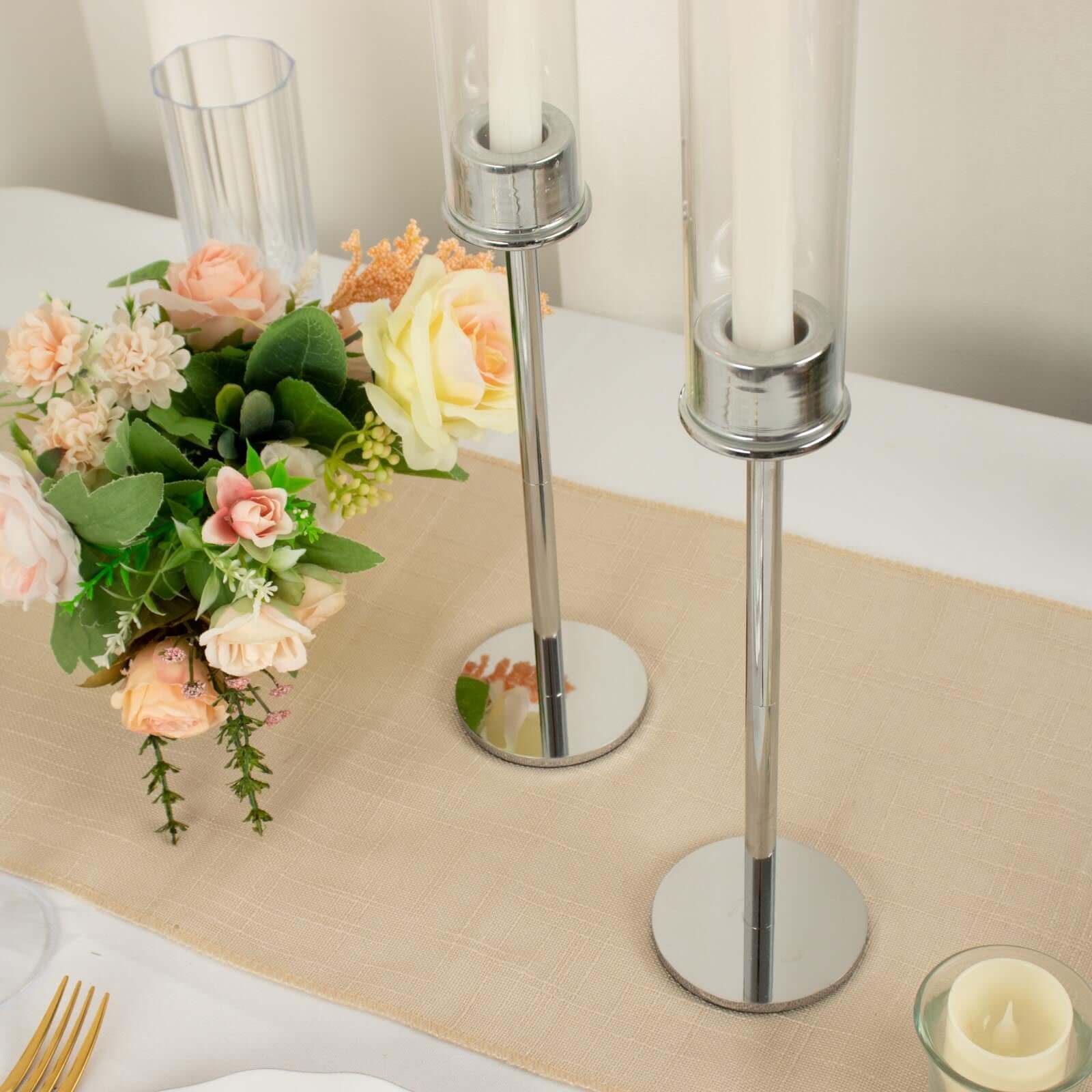 2-Pack Silver Metal Taper Candlestick Holders 20" - Clear Glass Hurricane Candle Stands With Chimney Candle Shades - Image 8