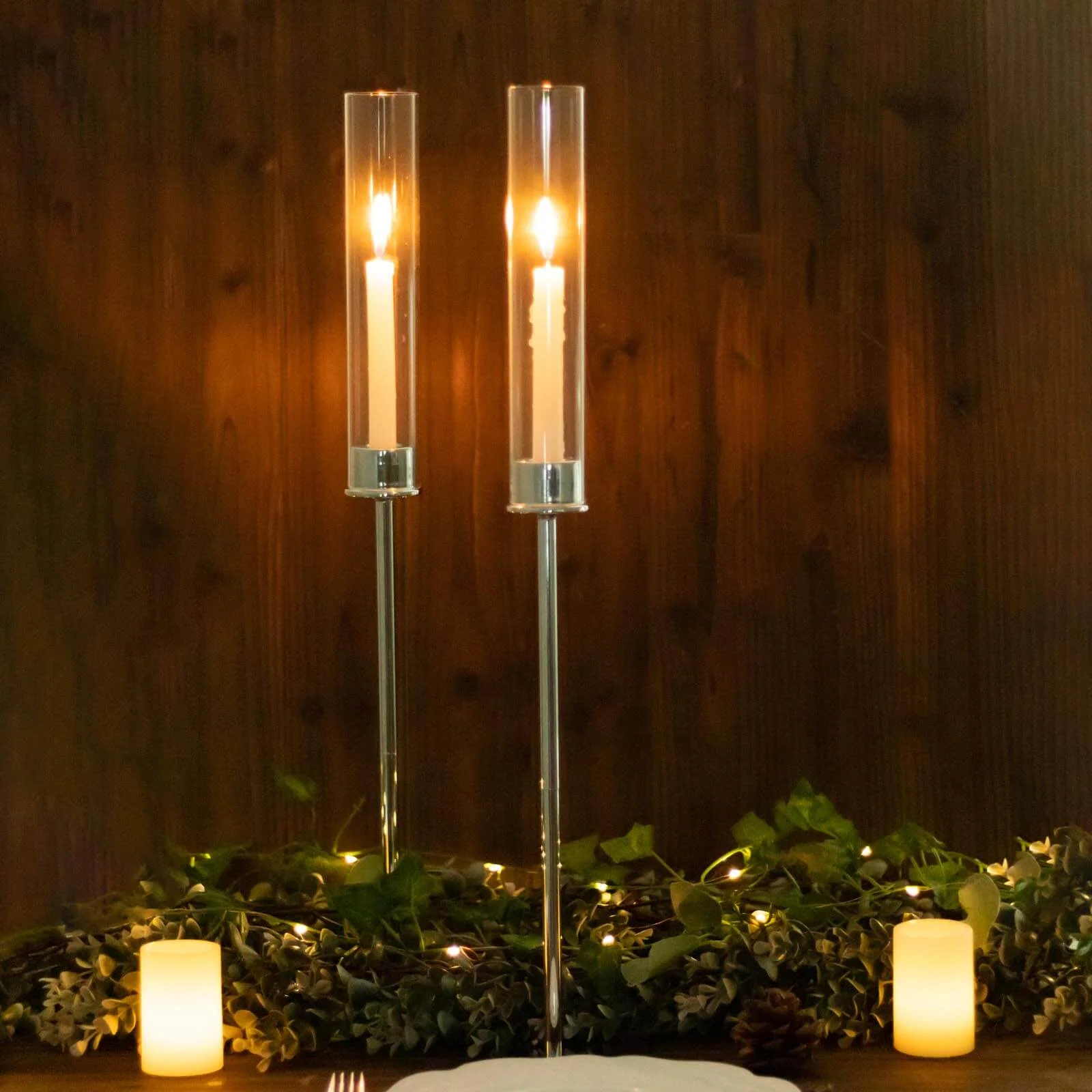 2-Pack Silver Metal Taper Candlestick Holders 24" - Clear Glass Hurricane Candle Stands With Chimney Candle Shades - Image 6