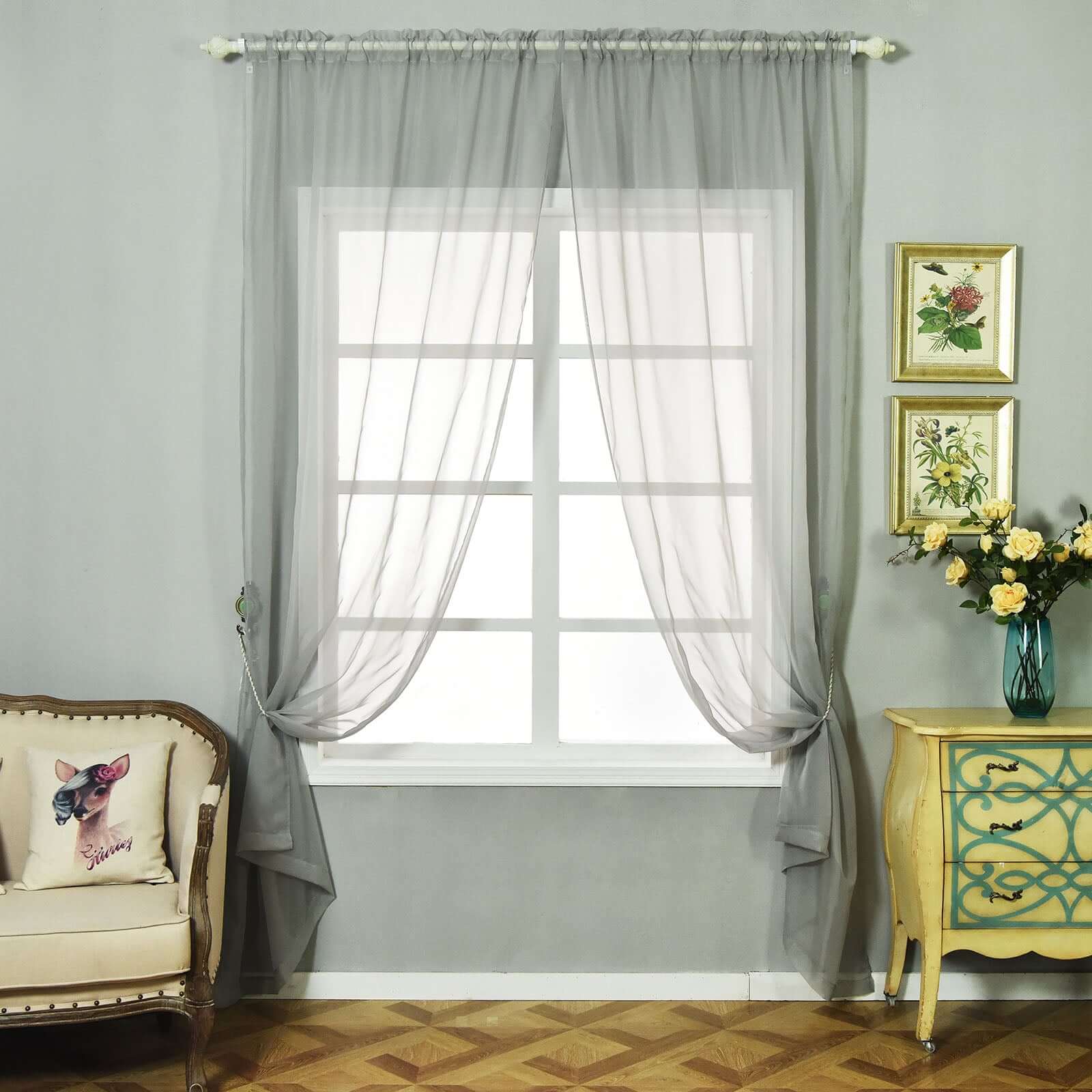 2 Pack Silver Sheer Organza Curtains With Rod Pocket Window Treatment Panels 52"x108"