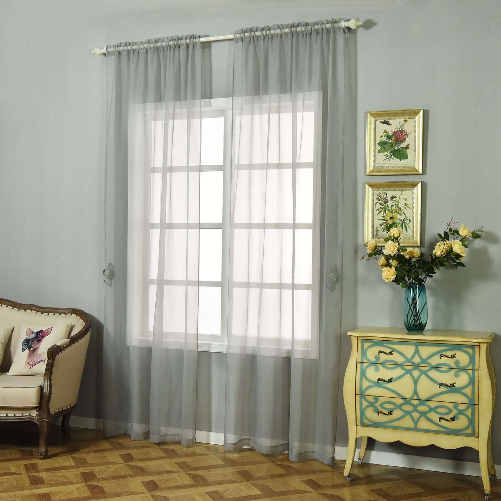 2 Pack Silver Sheer Organza Curtains With Rod Pocket Window Treatment Panels 52"x108" - Image 6