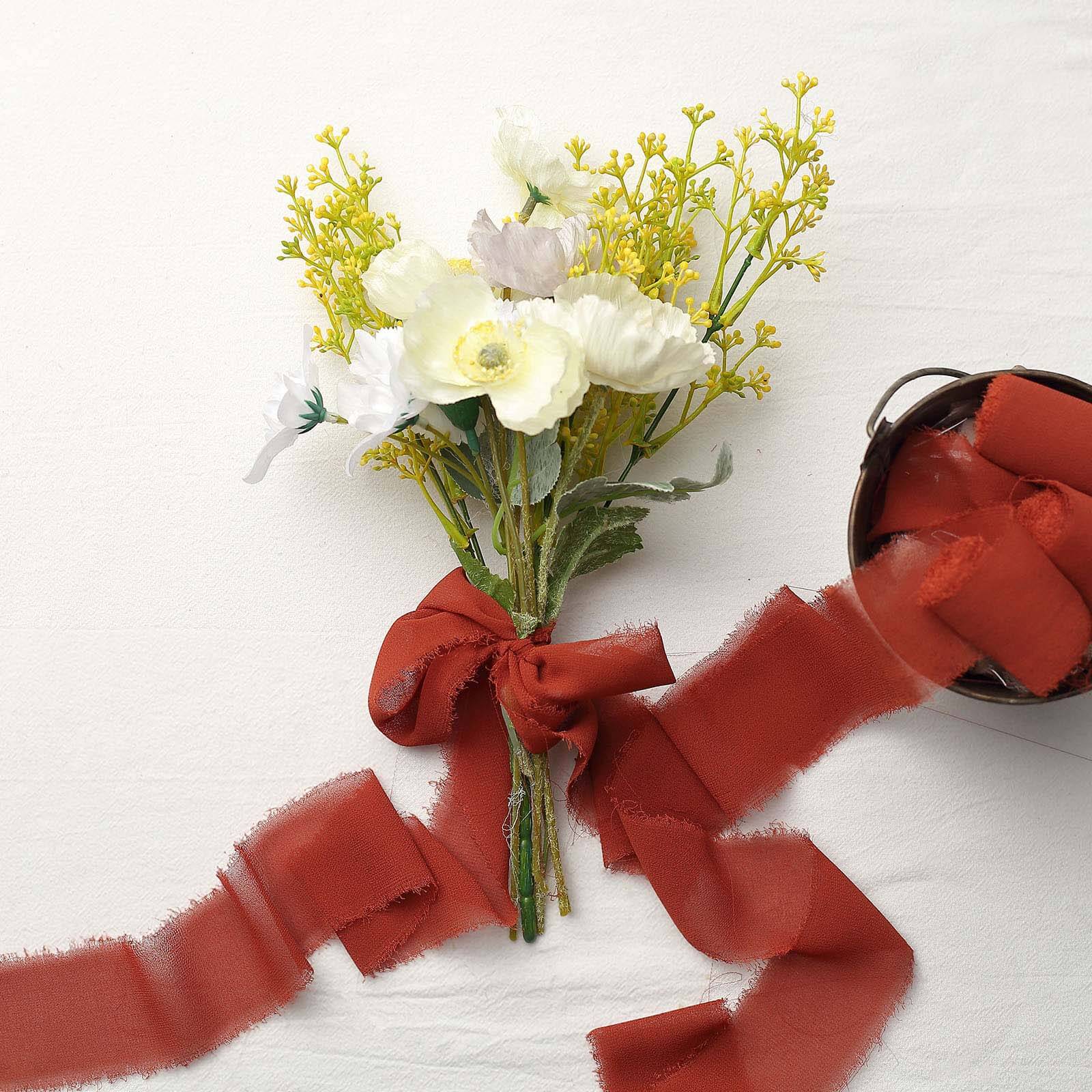 2 Pack Terracotta (Rust) Silk-Like Chiffon Ribbon Roll, DIY Wedding Bouquet Linen Wrap 6yds - Image 2