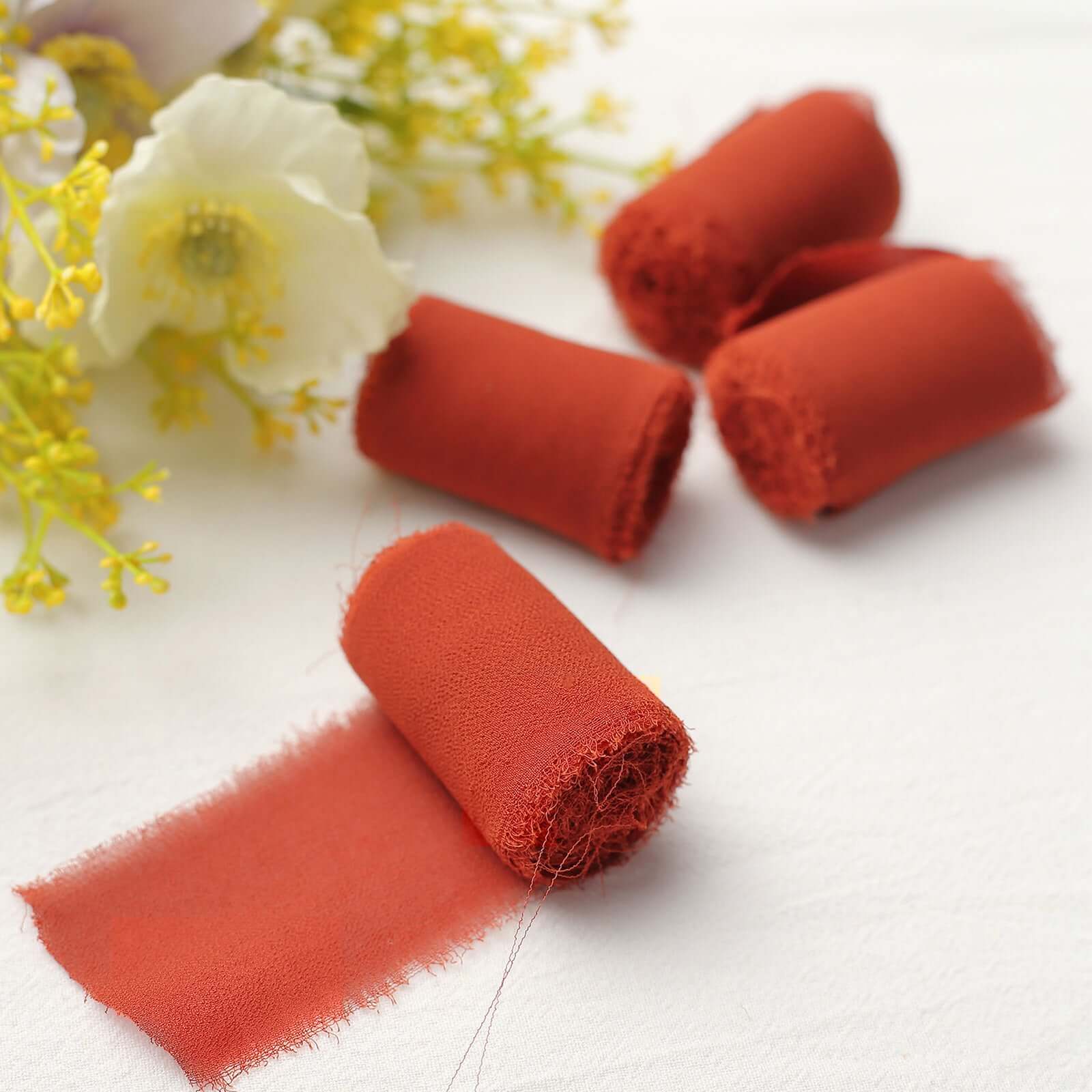 2 Pack Terracotta (Rust) Silk-Like Chiffon Ribbon Roll, DIY Wedding Bouquet Linen Wrap 6yds - Image 6