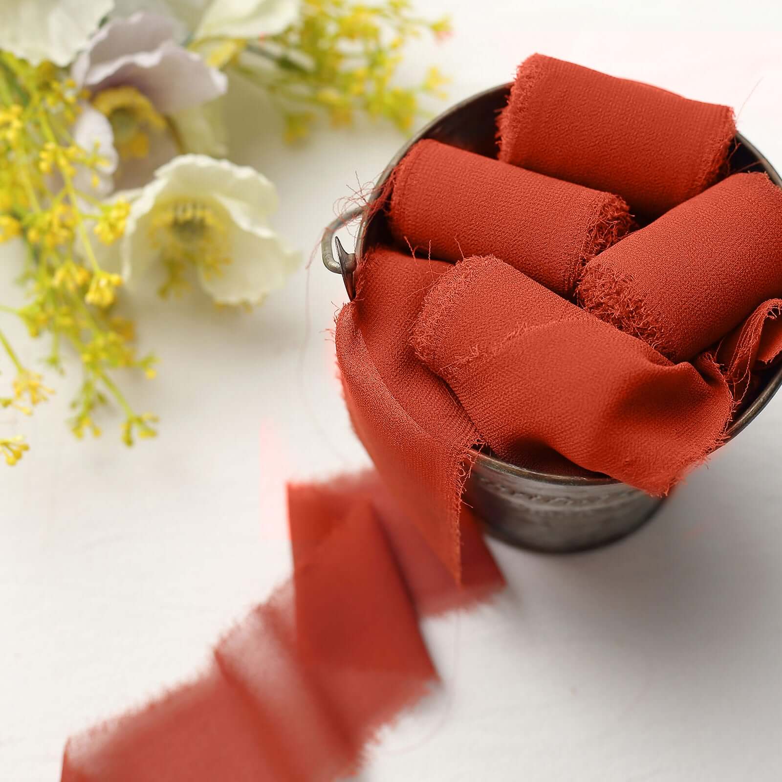 2 Pack Terracotta (Rust) Silk-Like Chiffon Ribbon Roll, DIY Wedding Bouquet Linen Wrap 6yds - Image 9