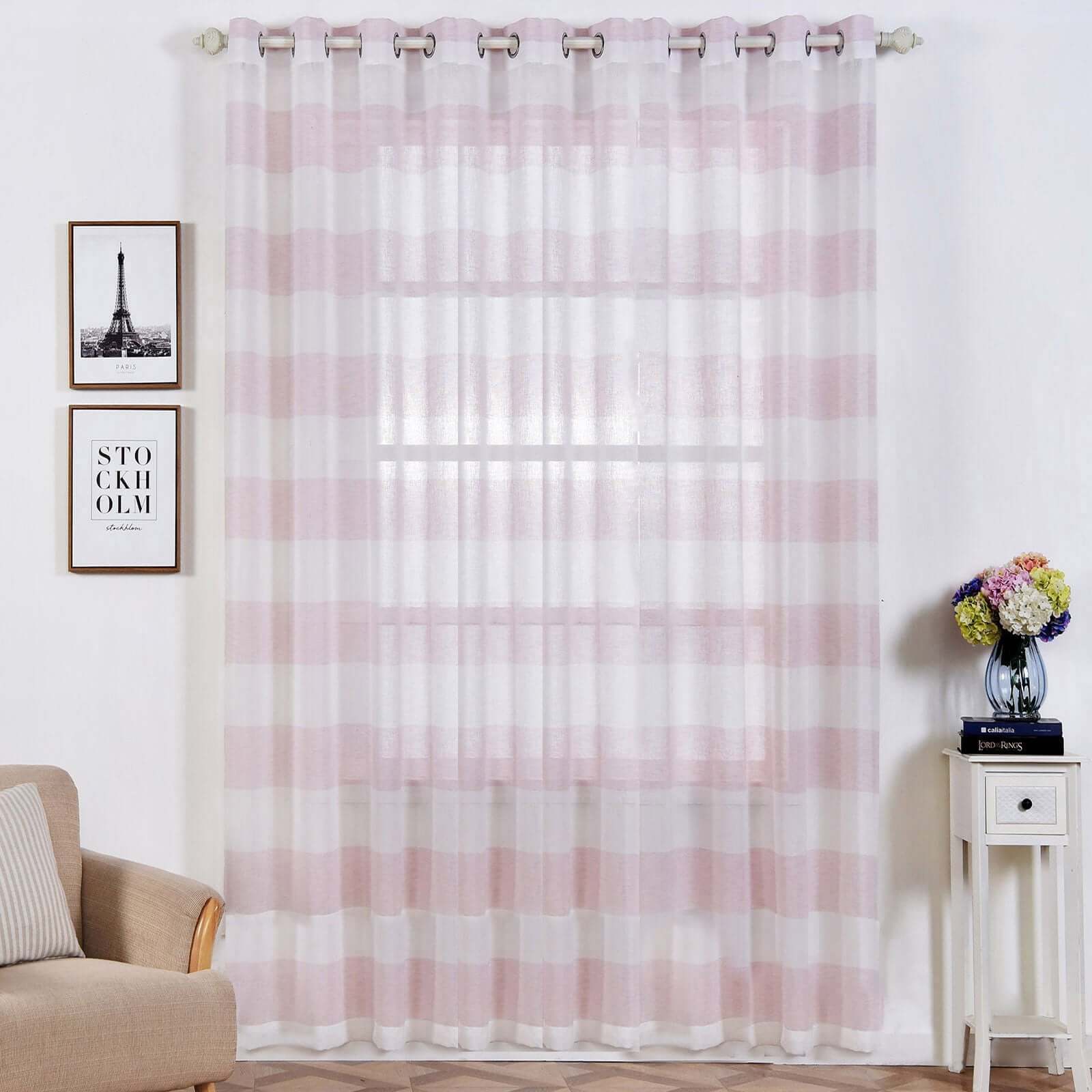 2 Pack White Blush Cabana Print Faux Linen Curtain Panels With Chrome Grommet 52"x108"