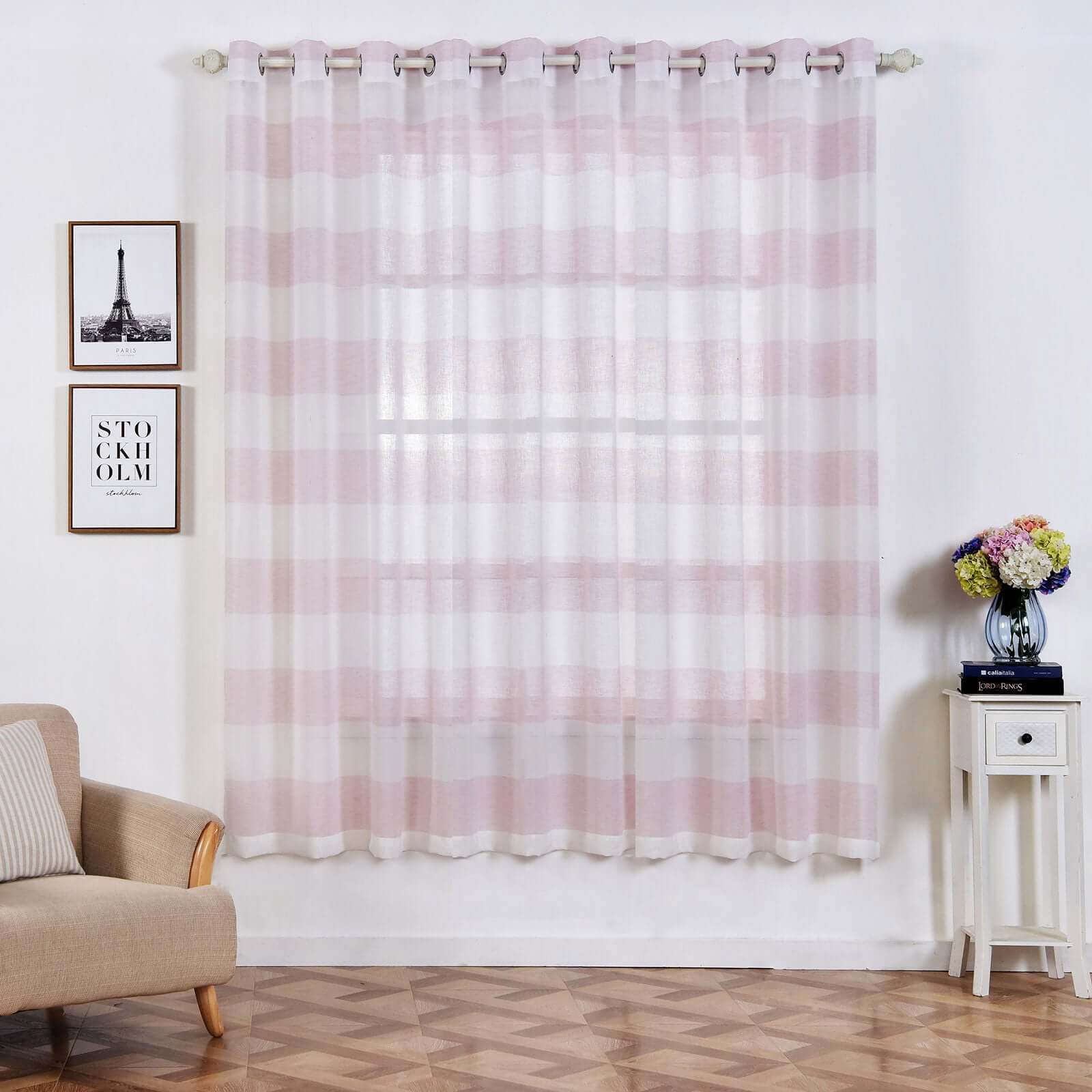 2 Pack White Blush Cabana Print Faux Linen Curtain Panels With Chrome Grommet 52"x84"
