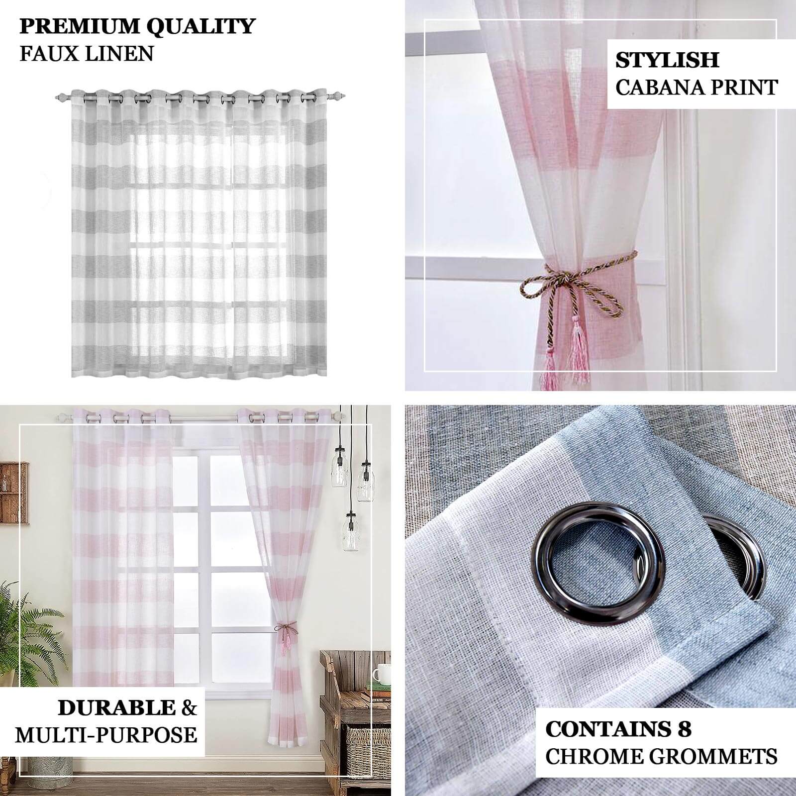 2 Pack White/Lavender Lilac Cabana Print Faux Linen Curtain Panels With Chrome Grommet 52"x108" - Image 4