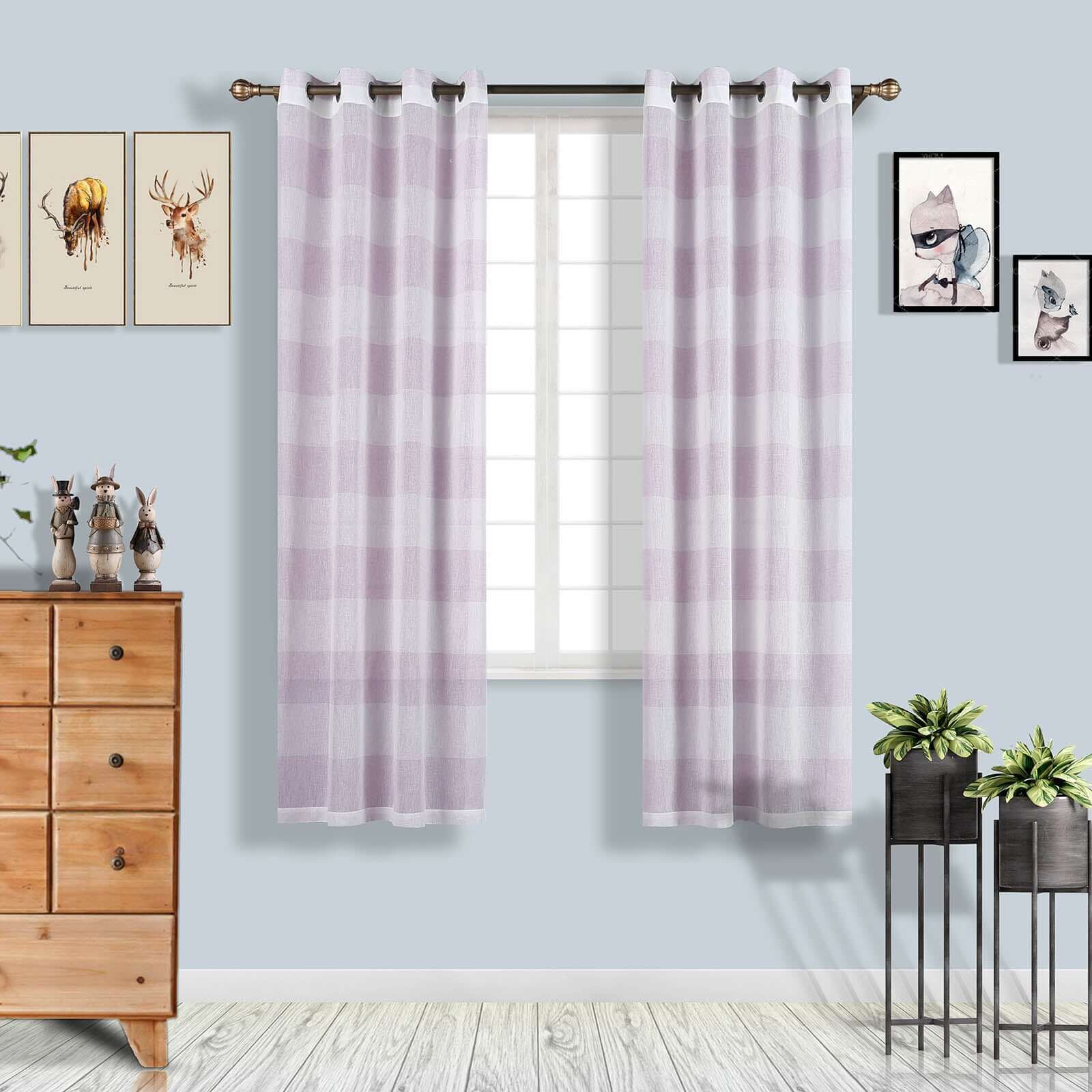 2 Pack White/Lavender Lilac Cabana Print Faux Linen Curtain Panels With Chrome Grommet 52"x84"