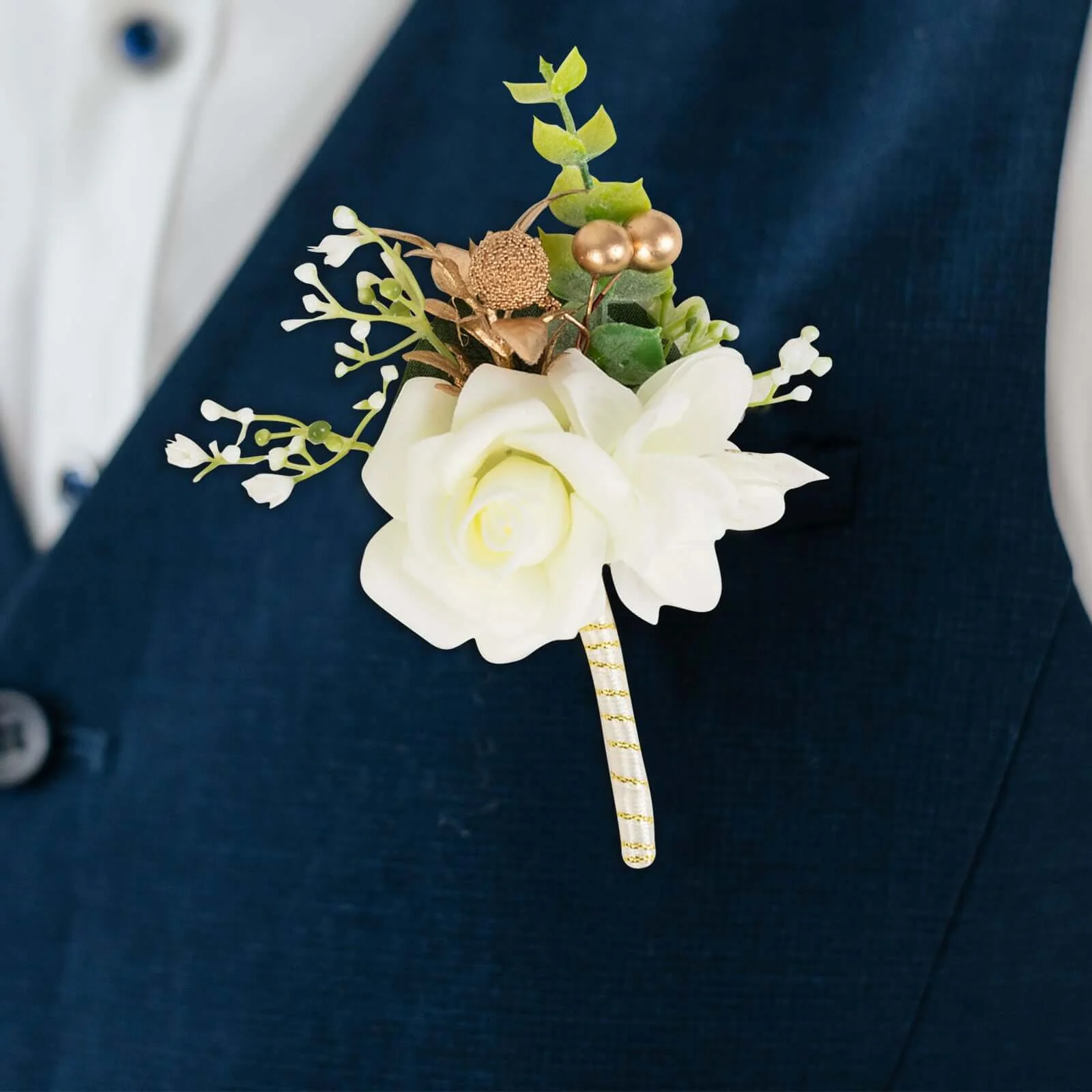 2 Pack White Silk Rose Boutonniere With Pin, Real Touch Artificial Flower Pocket Square - 5" - Image 4