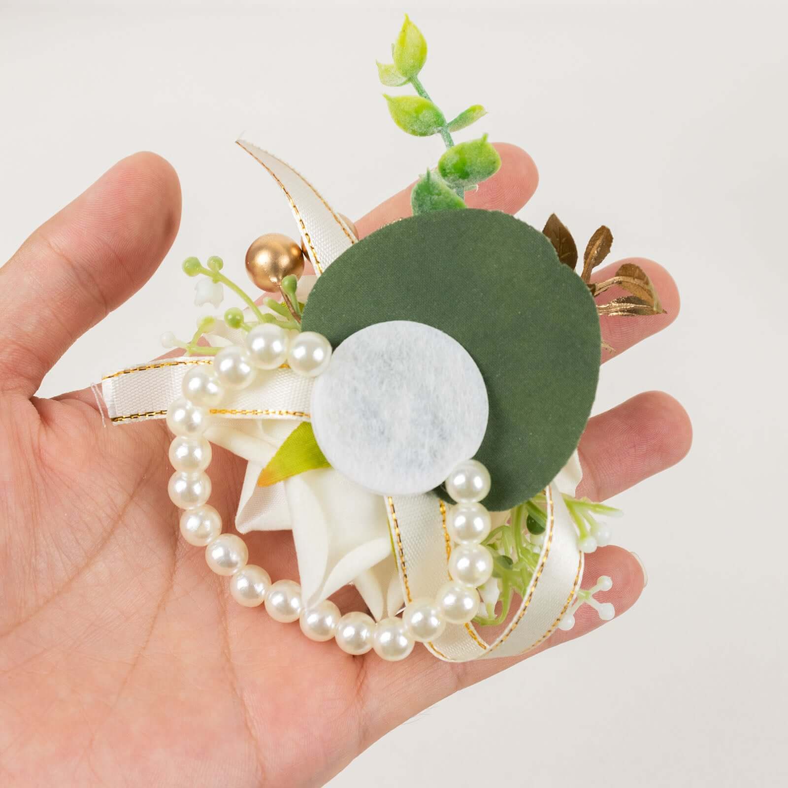 2 Pack White Silk Rose Wrist Corsage With Pearls, 4" Flower Bracelet Wedding Accessories - Image 2