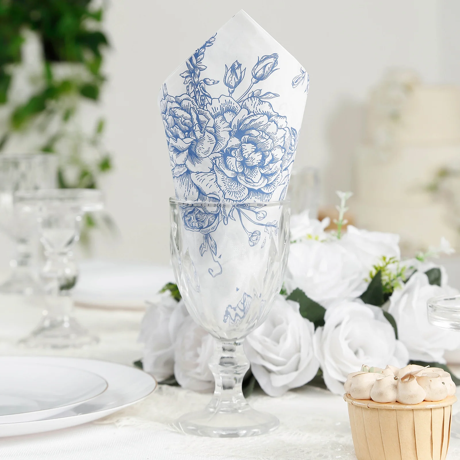 50 Pack 2-Ply Paper Cocktail Napkins in Matte Blue and White French Toile Floral Pattern, Highly Absorbent Soft Disposable Beverage Napkins - Image 6