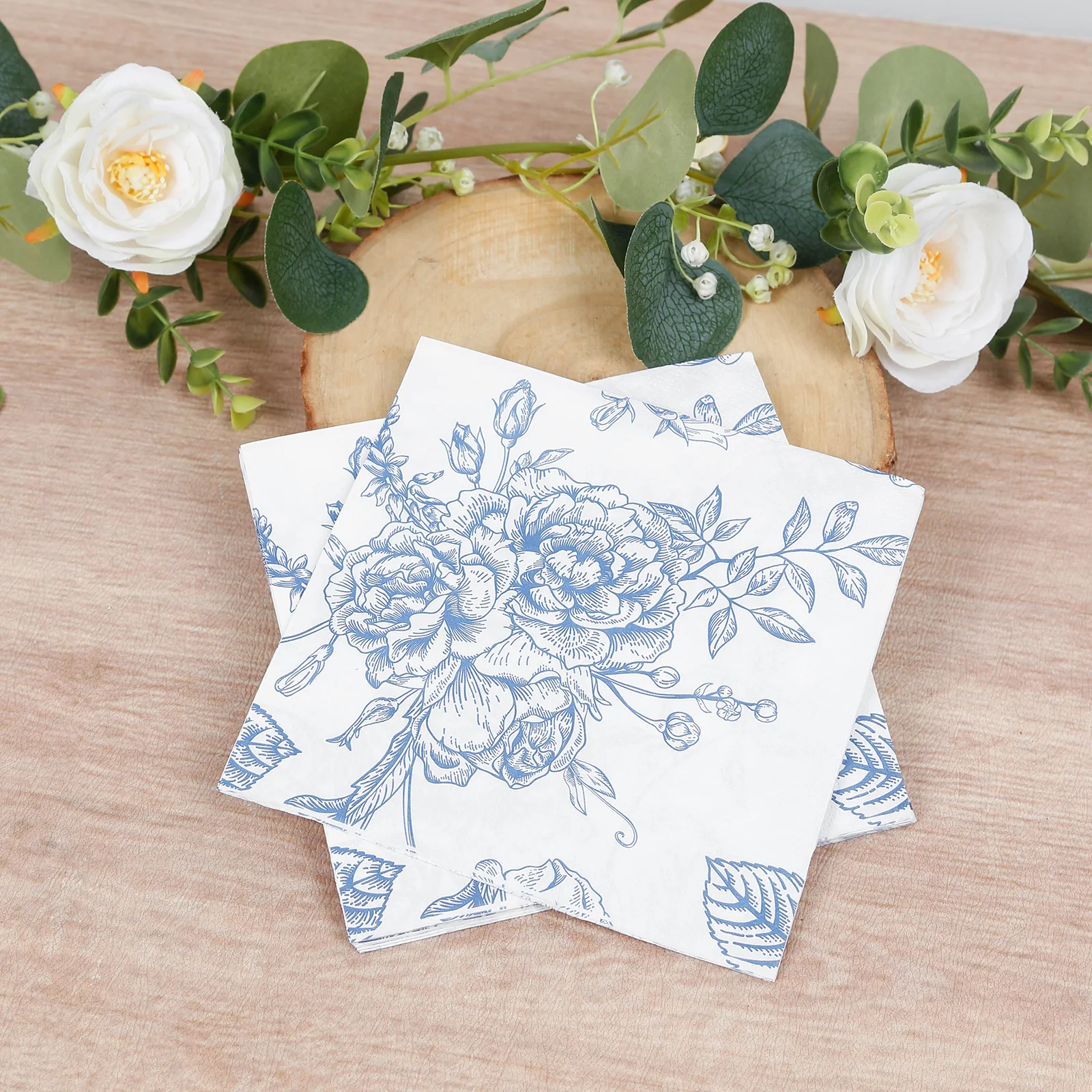 50 Pack 2-Ply Paper Cocktail Napkins in Matte Blue and White French Toile Floral Pattern, Highly Absorbent Soft Disposable Beverage Napkins - Image 9
