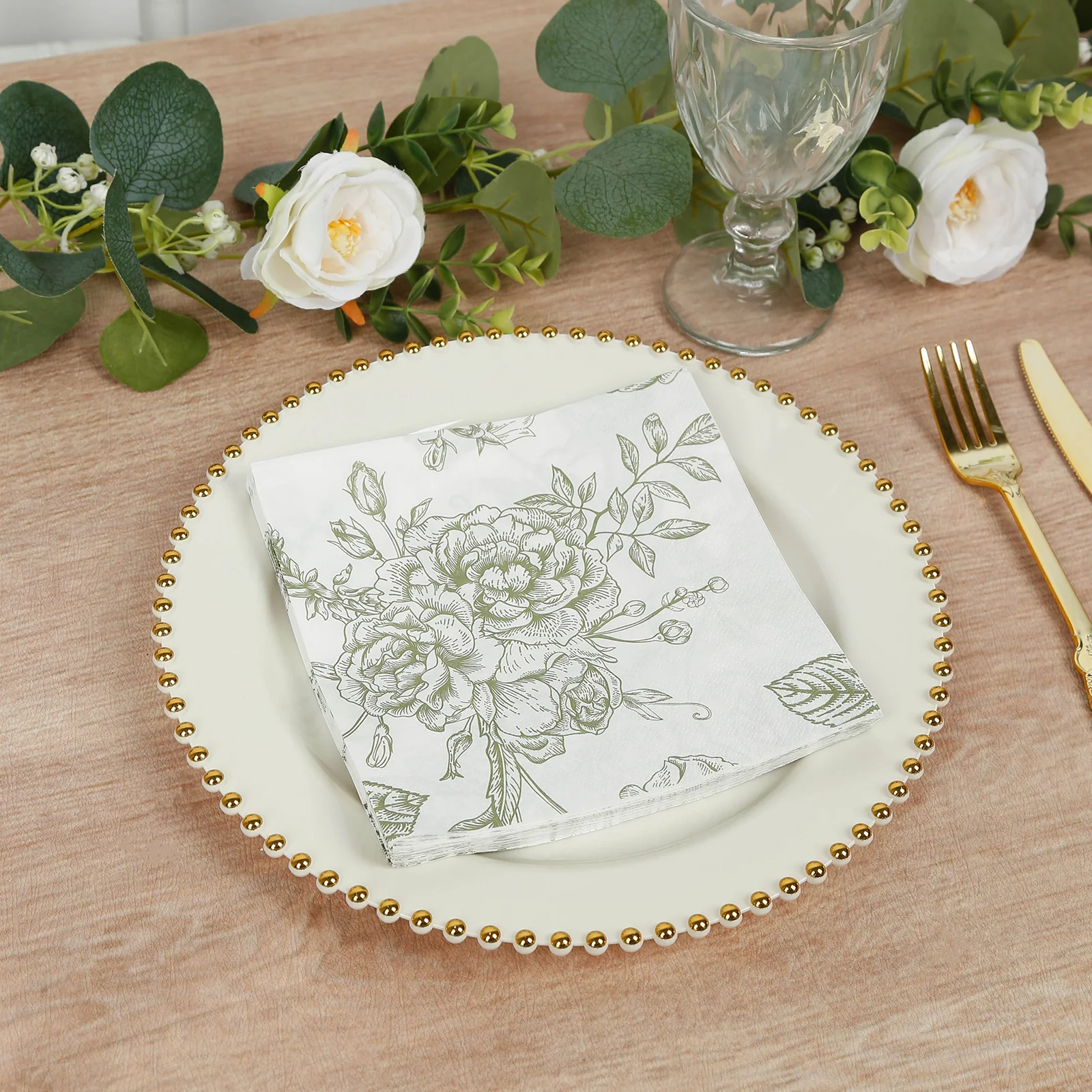 50 Pack 2-Ply Paper Cocktail Napkins in Matte Sage Green and White French Toile Floral Pattern, Highly Absorbent Soft Disposable Beverage Napkins - Image 2
