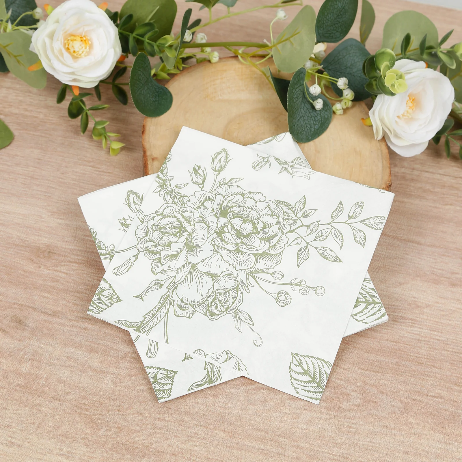 50 Pack 2-Ply Paper Cocktail Napkins in Matte Sage Green and White French Toile Floral Pattern, Highly Absorbent Soft Disposable Beverage Napkins - Image 9