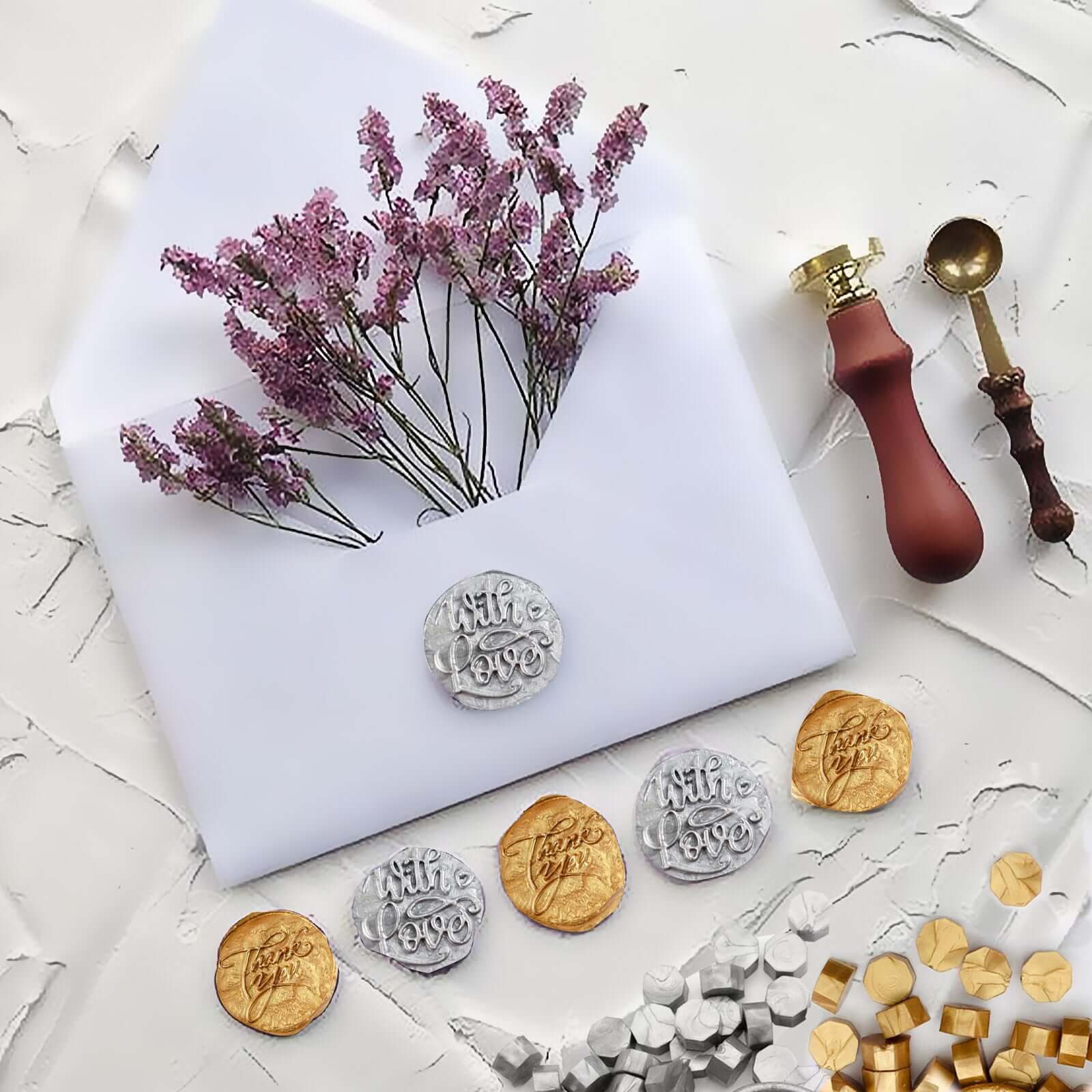2 Set Wax Seal Stamp Kit Party Favors, Gold Silver "With Love" and "Thank You" Wax Stamp, Wedding Invitation Envelope Letters Mailing Crafts Set - Image 6