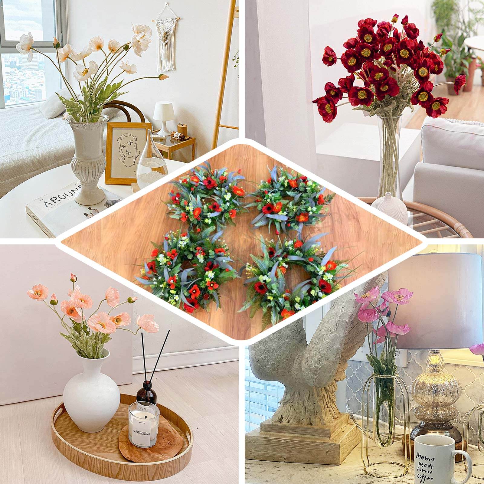 2 Stems Ivory Artificial Silk Poppy Flower Bouquet Bushes 33" - Image 5