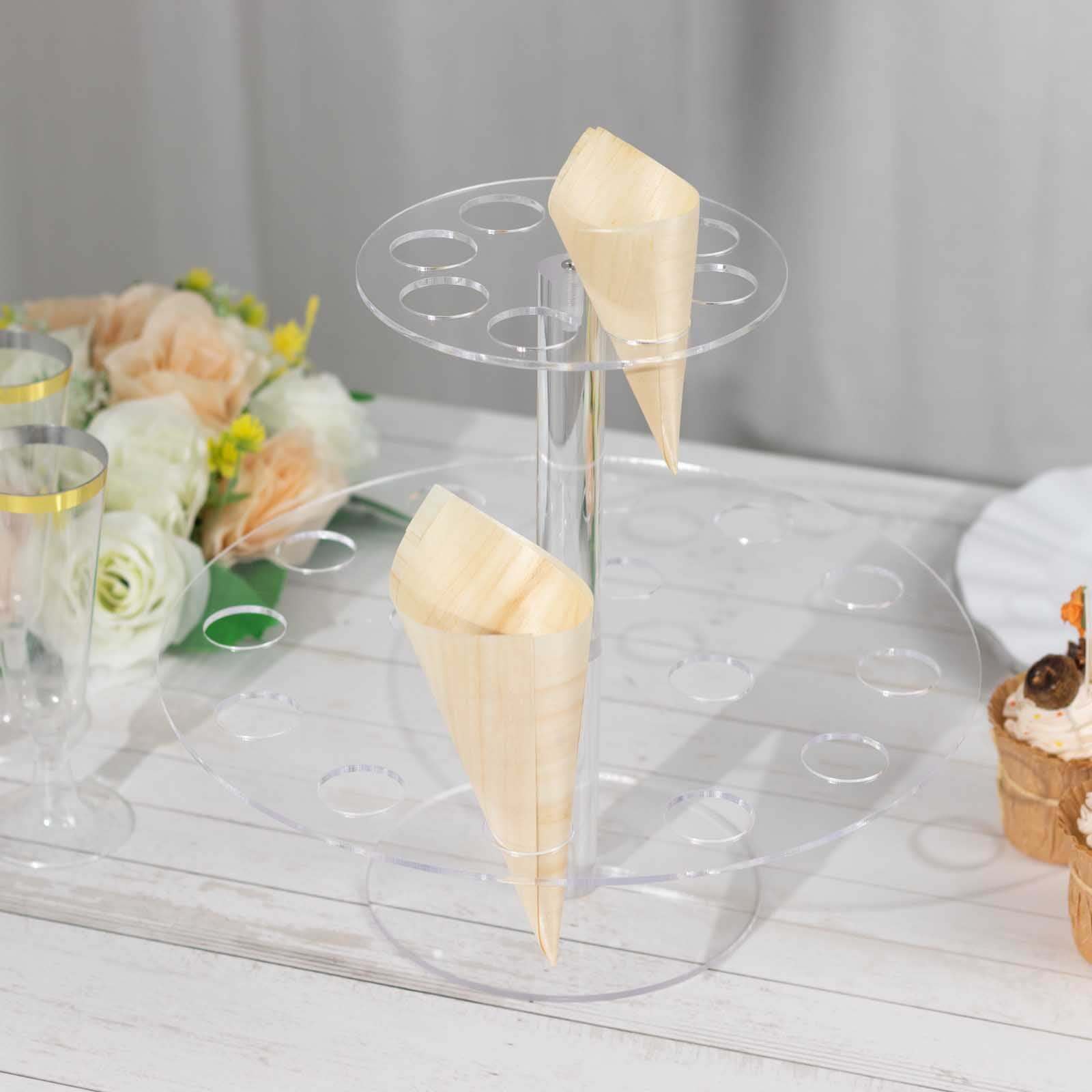 2 Tier Acrylic Round Ice Cream Cone Holder 12" Clear with 24-Slots - Modern Food Display Stand for Buffets & Dessert Tables - Image 2