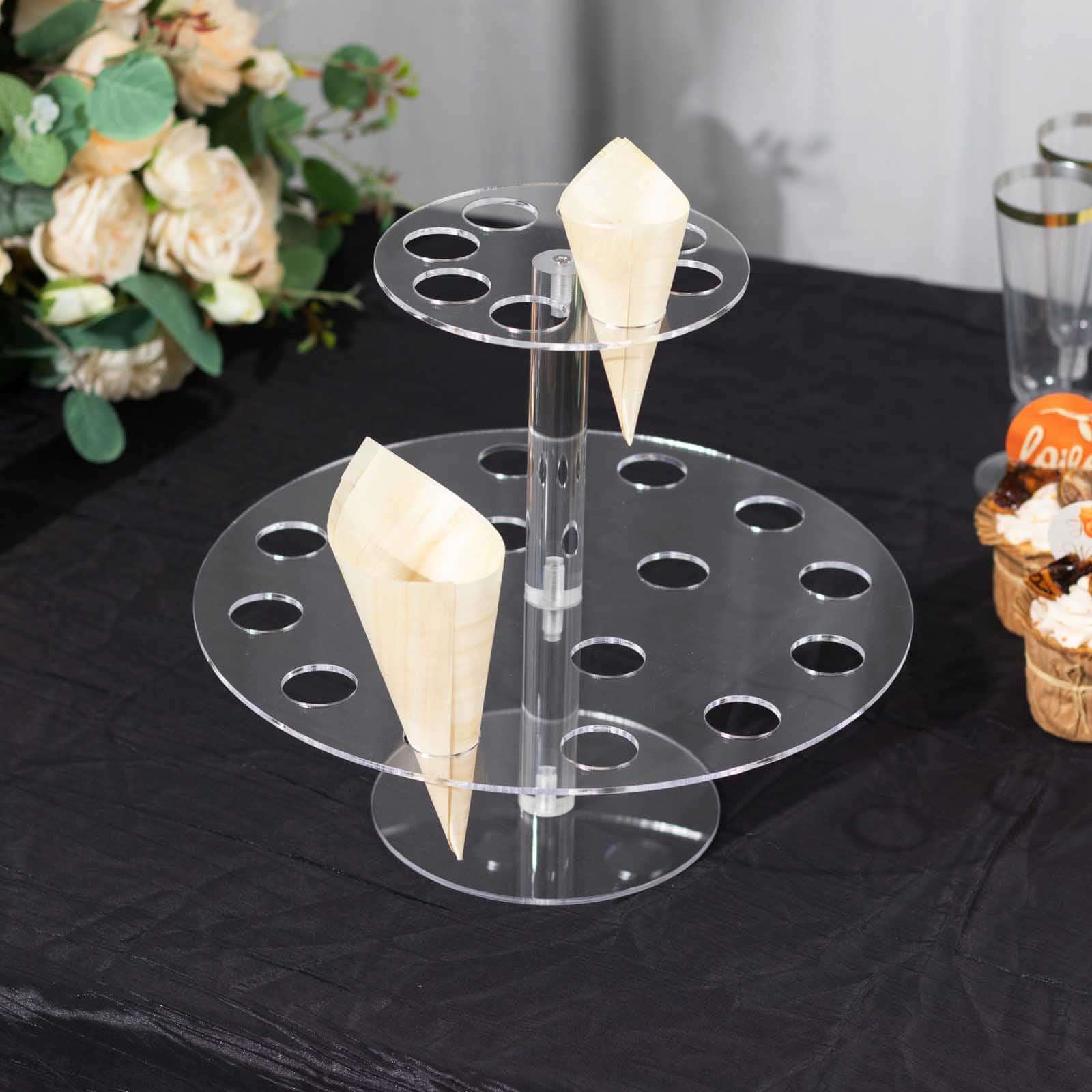 2 Tier Acrylic Round Ice Cream Cone Holder 12" Clear with 24-Slots - Modern Food Display Stand for Buffets & Dessert Tables - Image 5