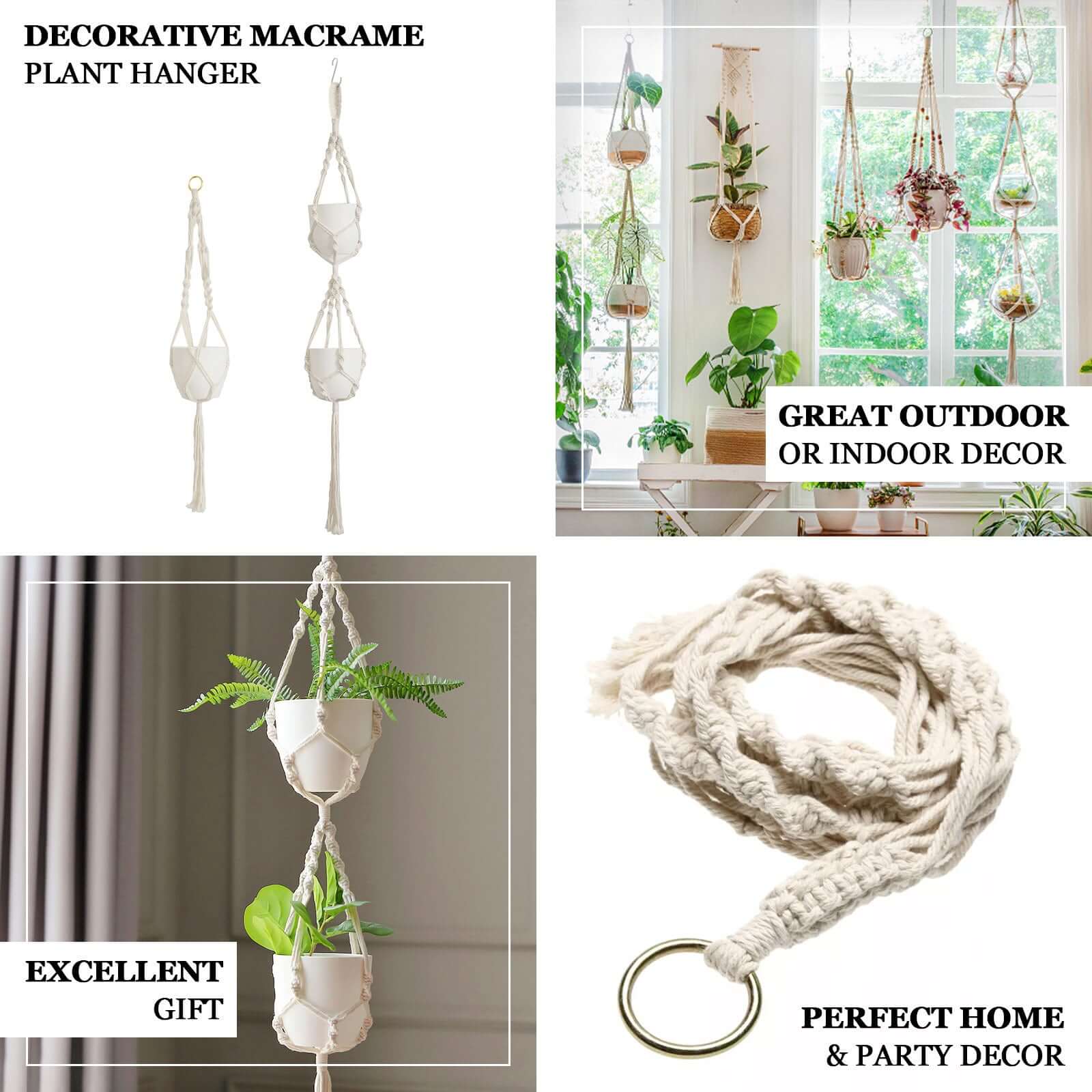 2-Tier Cotton Rope Hanging Planter Basket Double Ivory with Tassels - Indoor Boho Flower Pot Holder - Image 4