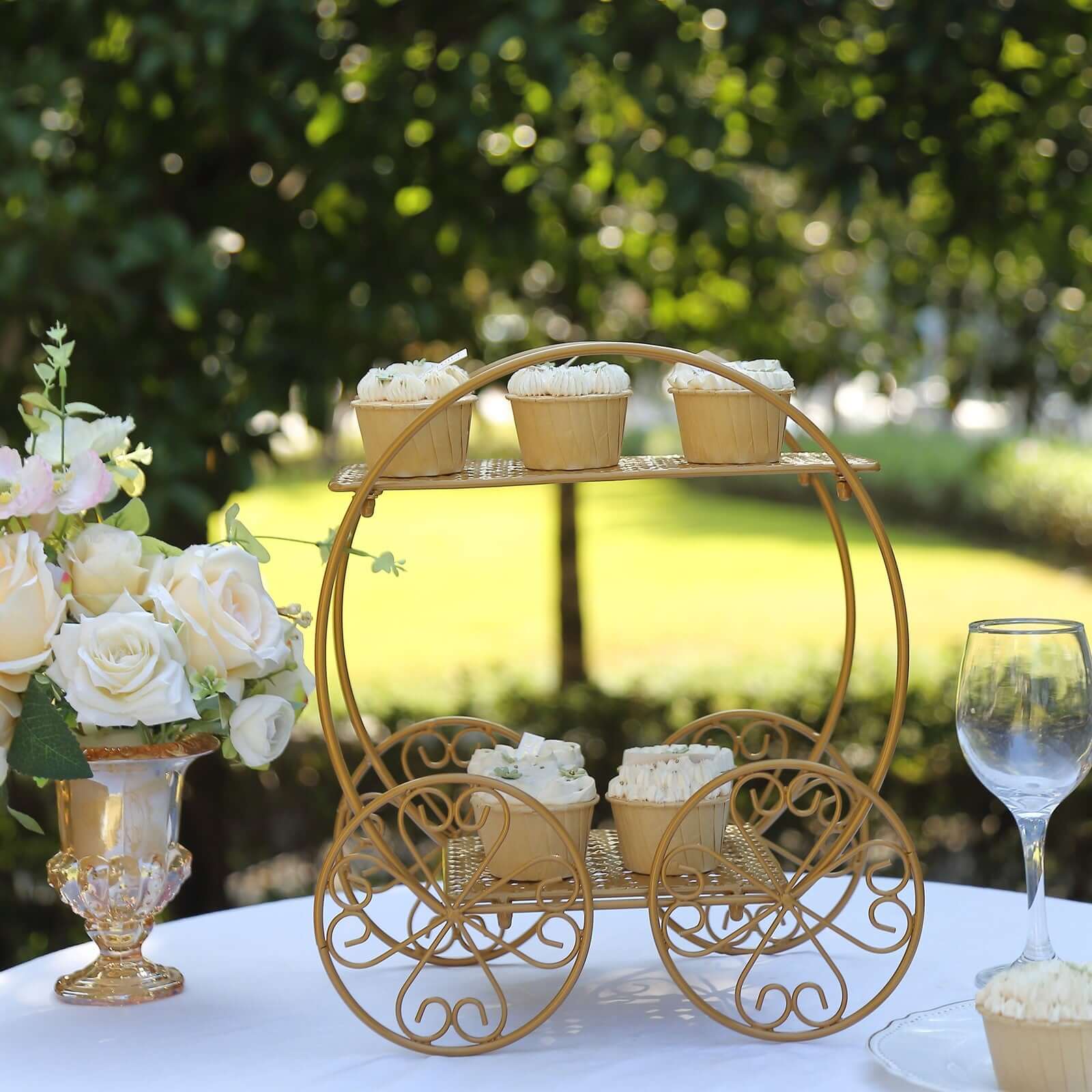 2-Tier Metal Cupcake Dessert Display Stand 14" Gold Princess Carriage Style - Decorative Wedding Cake Centerpiece Stand for Fairytale Themed Events & Parties - Image 2
