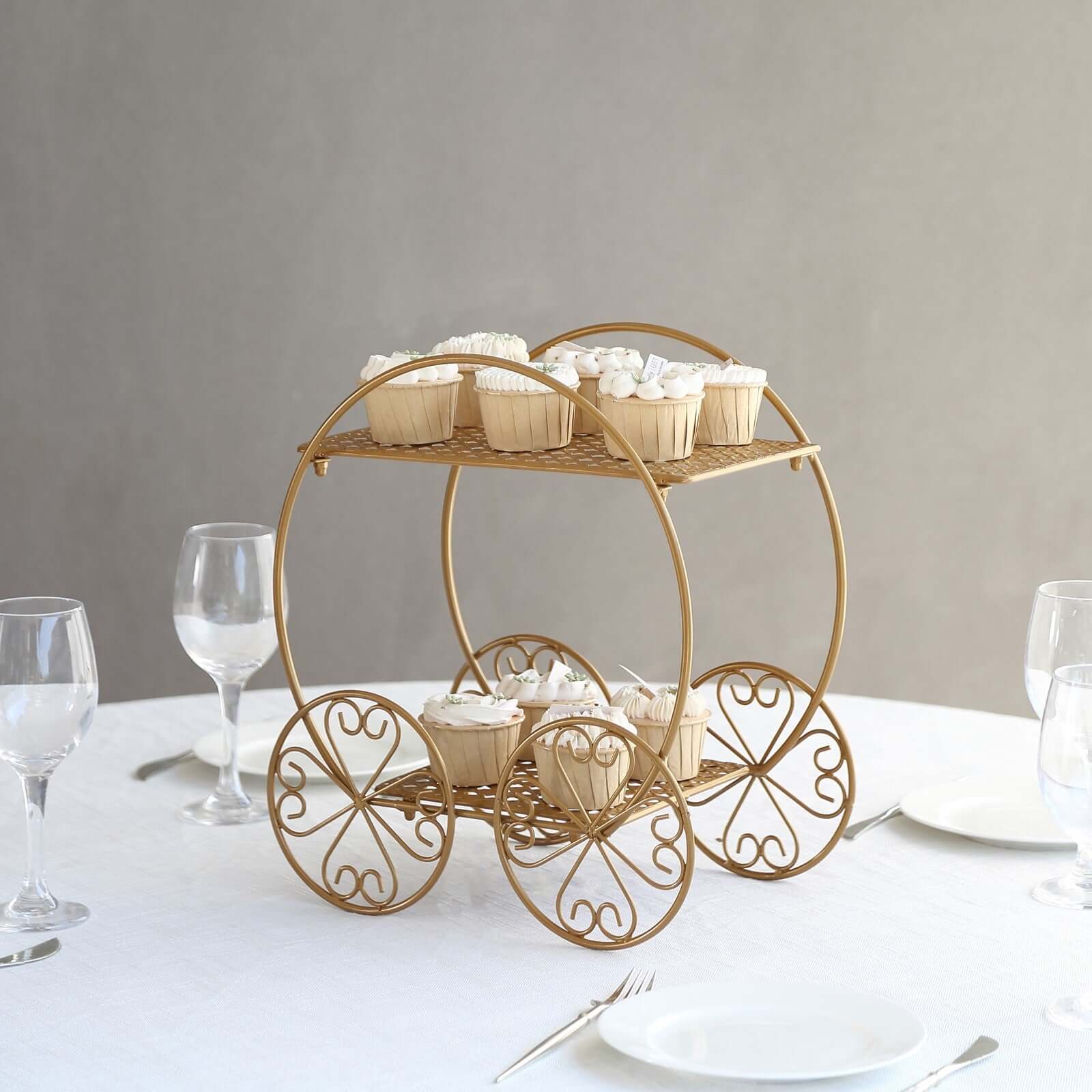 2-Tier Metal Cupcake Dessert Display Stand 14" Gold Princess Carriage Style - Decorative Wedding Cake Centerpiece Stand for Fairytale Themed Events & Parties - Image 4