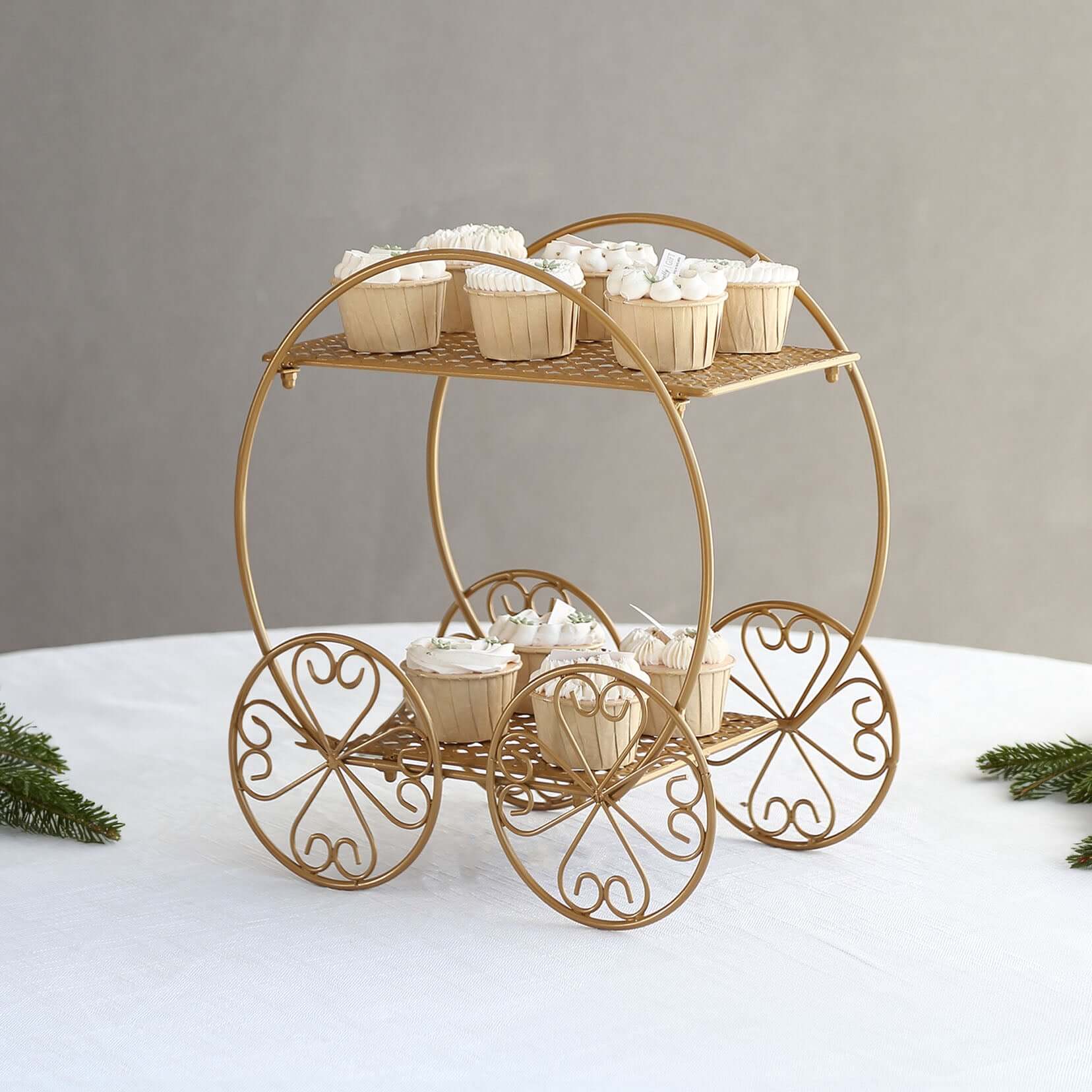2-Tier Metal Cupcake Dessert Display Stand 14" Gold Princess Carriage Style - Decorative Wedding Cake Centerpiece Stand for Fairytale Themed Events & Parties - Image 6