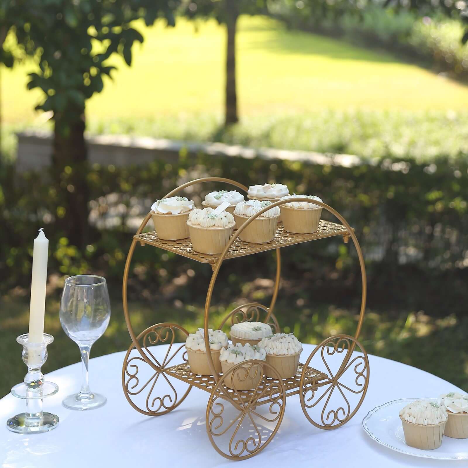 2-Tier Metal Cupcake Dessert Display Stand 14" Gold Princess Carriage Style - Decorative Wedding Cake Centerpiece Stand for Fairytale Themed Events & Parties - Image 8
