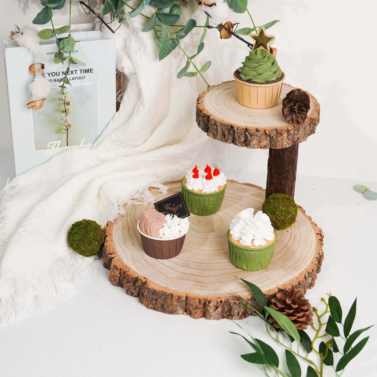 2-Tier Wooden Cheese Board Stand 8" Elm Wood Slice Design Natural - Rustic Cupcake Centerpiece - Image 2
