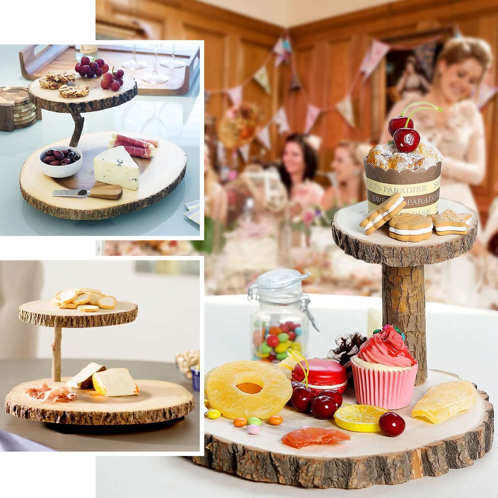 2-Tier Wooden Cheese Board Stand 8" Elm Wood Slice Design Natural - Rustic Cupcake Centerpiece - Image 5