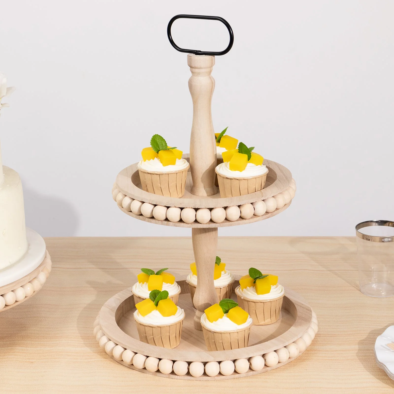 2-Tier Wooden Serving Tray Stand 17" Beaded Design with Metal Handle Natural - Round Rustic Farmhouse Cupcake Display - Image 10
