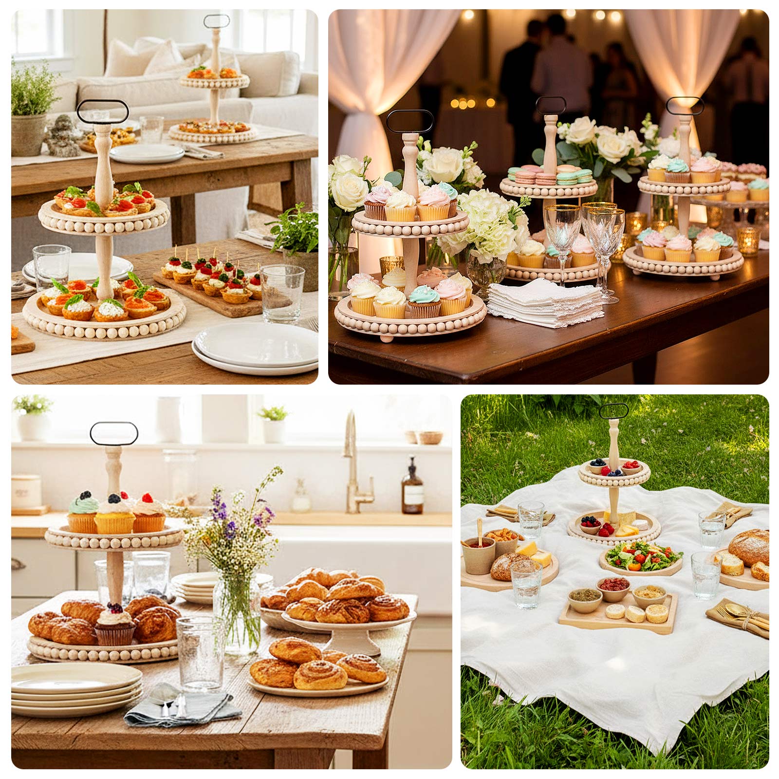 2-Tier Wooden Serving Tray Stand 17" Beaded Design with Metal Handle Natural - Round Rustic Farmhouse Cupcake Display - Image 4