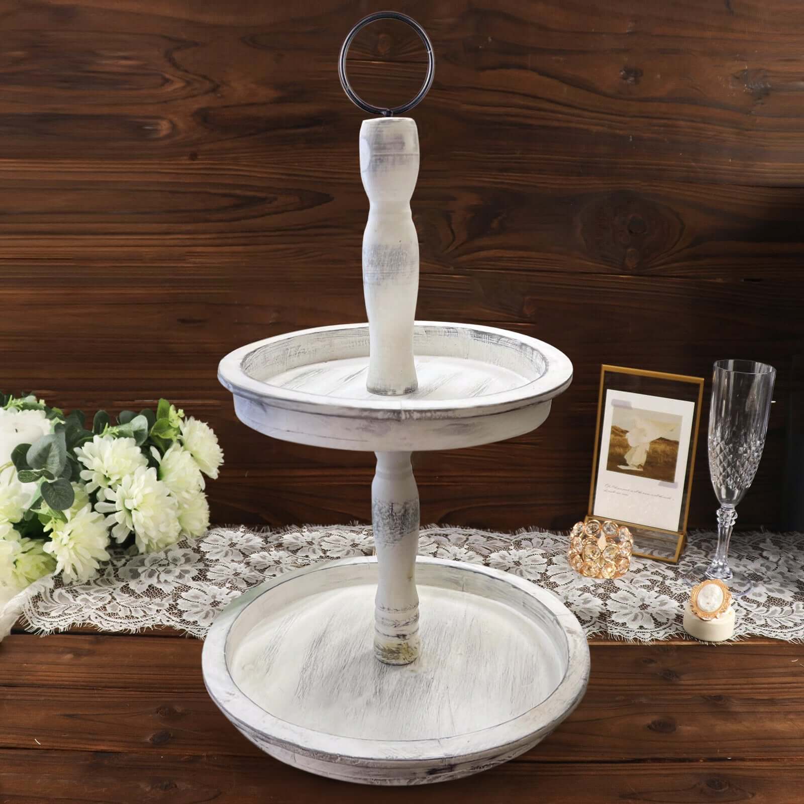 2-Tier Wooden Serving Tray Stand 20" Rustic Whitewashed Design - Farmhouse Style Cupcake Display - Image 2