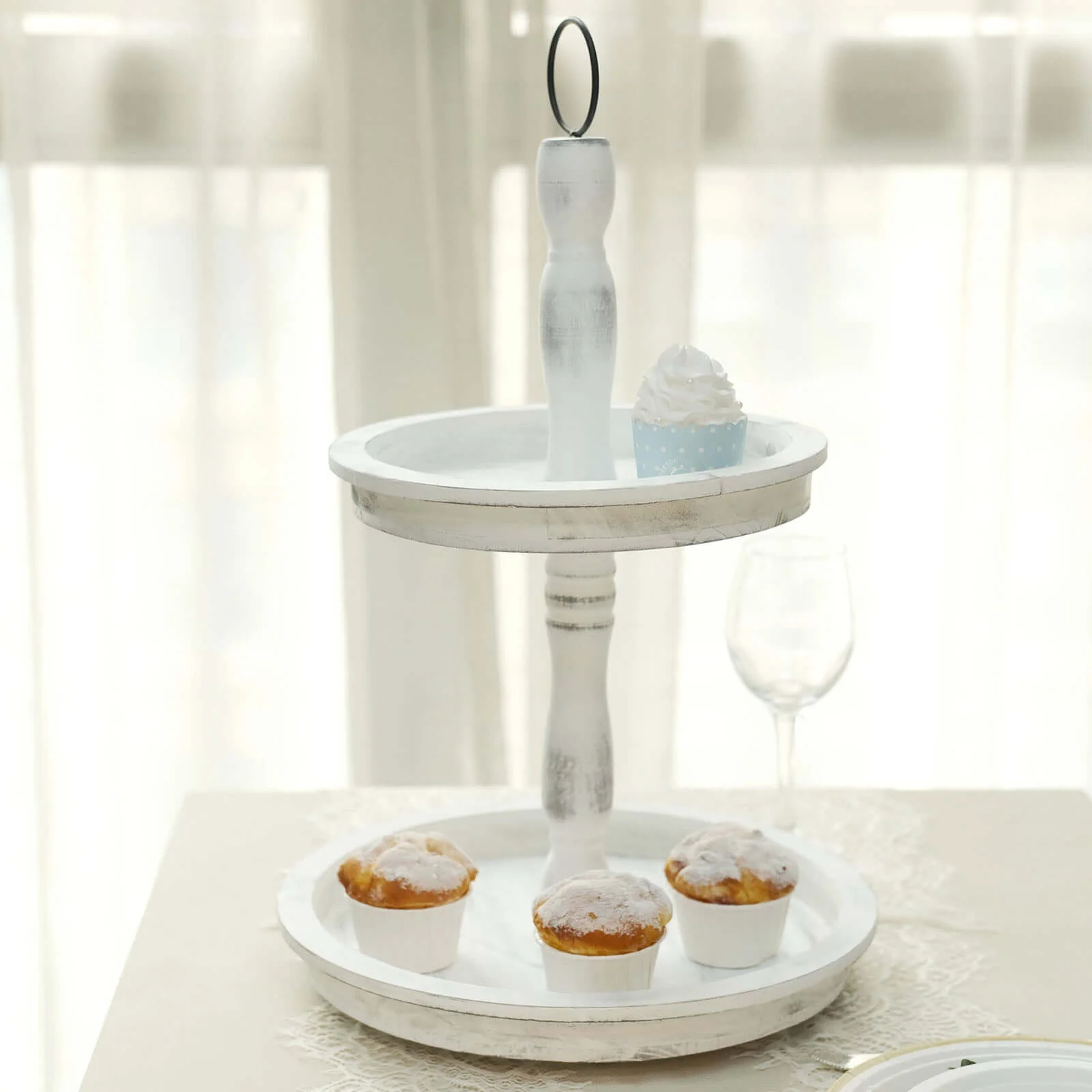 2-Tier Wooden Serving Tray Stand 20" Rustic Whitewashed Design - Farmhouse Style Cupcake Display - Image 8