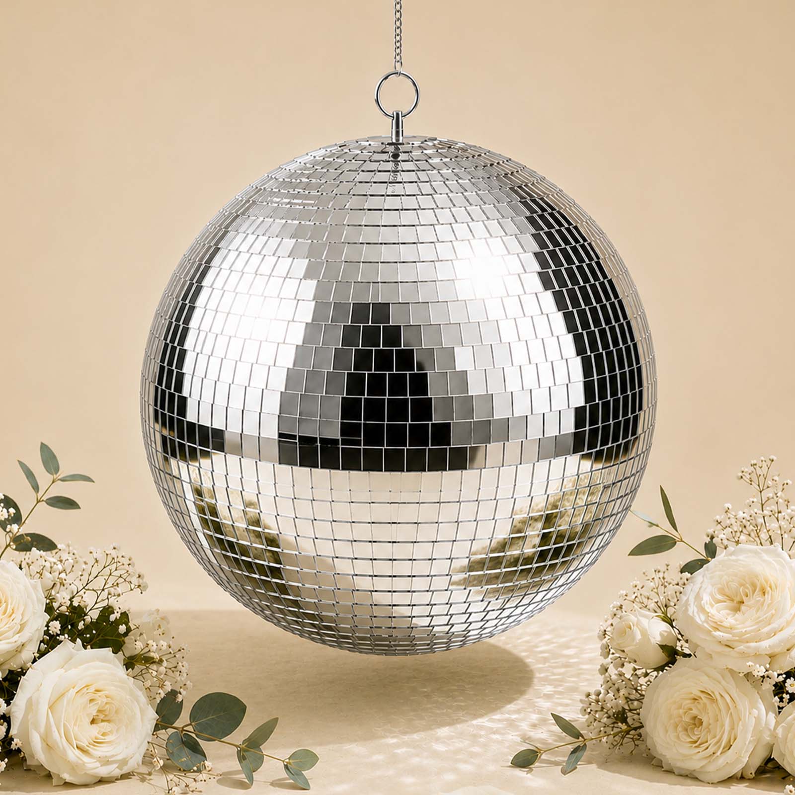 Large Silver Foam Disco Mirror Ball With Hanging Swivel Ring, Holiday Party Decor 20"