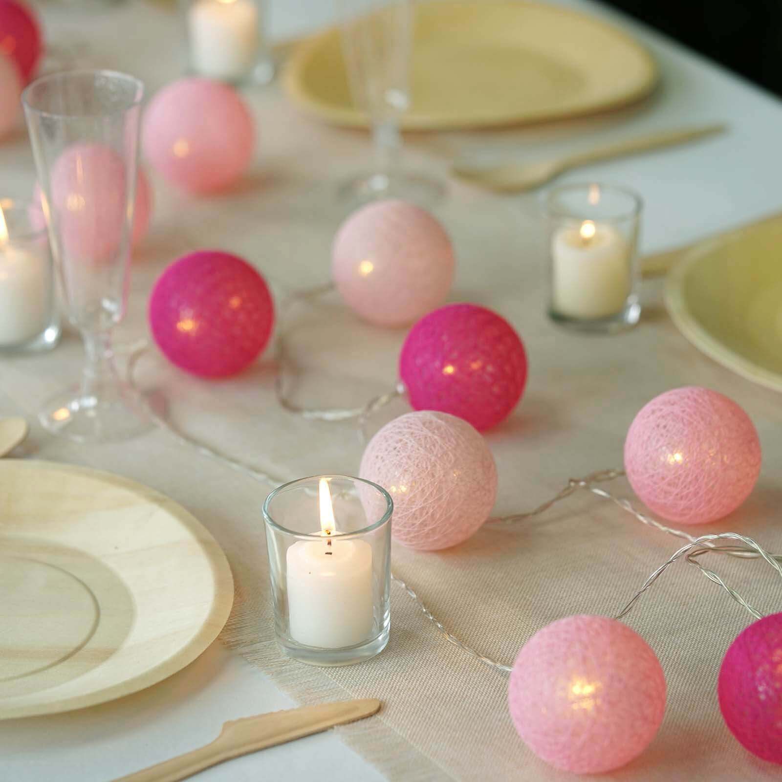 20 LED Pink Cotton Ball String Light Garland 13ft Blush, Fuchsia Warm White Light - Battery Operated Decorative Lights - Image 2