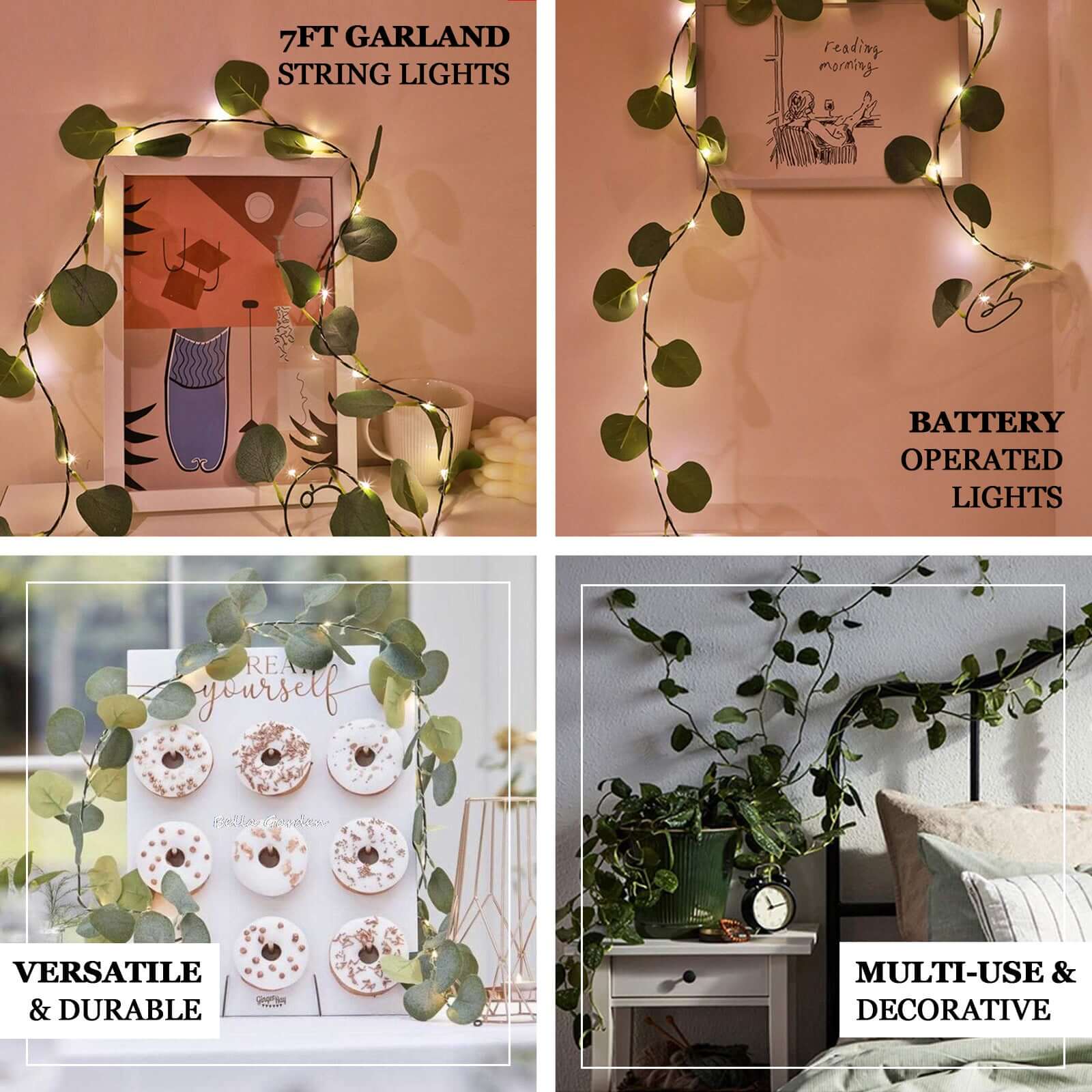 20 LED Silk Garland Vine Lights 7ft Eucalyptus Leaf Design Green Warm White - Battery Operated Fairy Lights - Image 4
