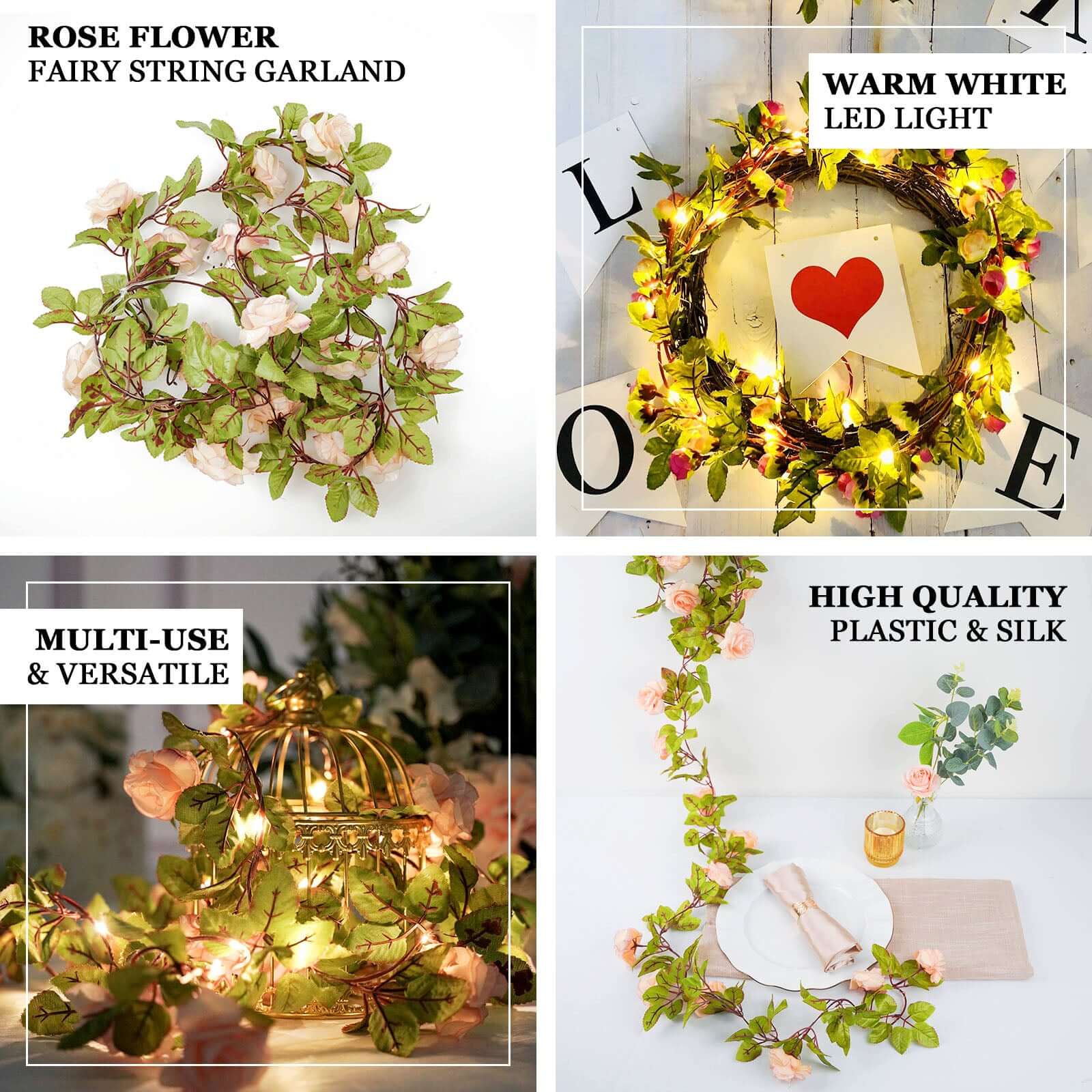 20 LED White Silk Rose Flower Garland Vine String Lights, Warm White Battery Operated 7ft - Image 4