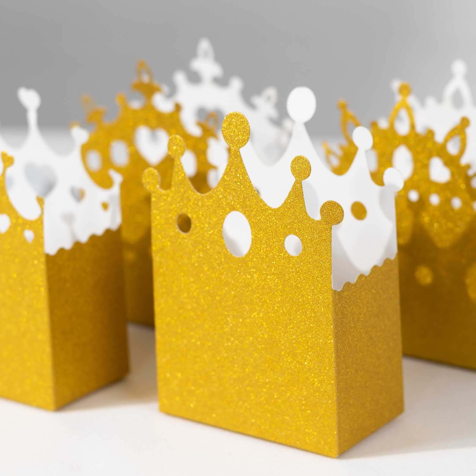 20-Pack Cardstock Favor Boxes 3.5"x 2"x 5" Gold Glitter Princess Crown Design - Dazzling Candy Treat Bags for Glam Enchanted Fairy Tale Themed Events & Parties - Image 10