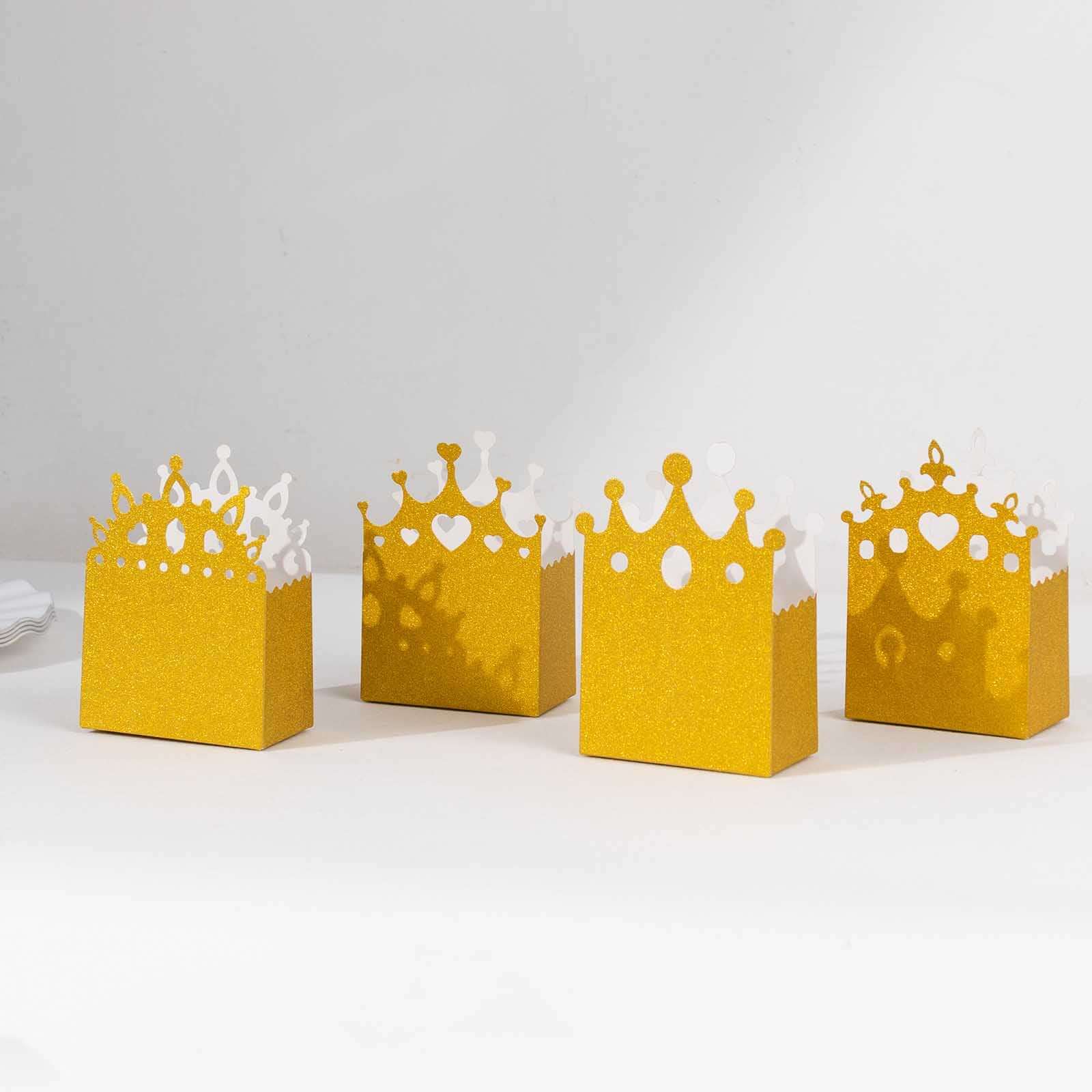 20-Pack Cardstock Favor Boxes 3.5"x 2"x 5" Gold Glitter Princess Crown Design - Dazzling Candy Treat Bags for Glam Enchanted Fairy Tale Themed Events & Parties - Image 11