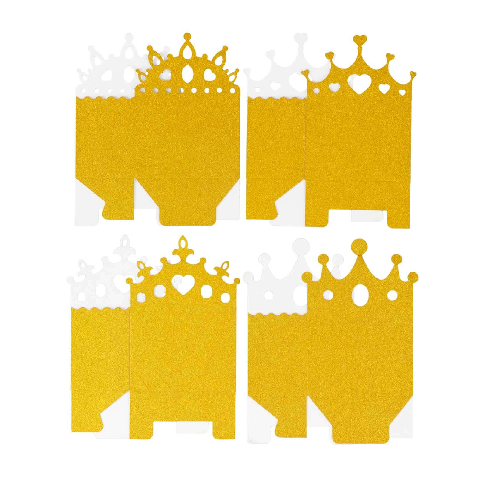 20-Pack Cardstock Favor Boxes 3.5"x 2"x 5" Gold Glitter Princess Crown Design - Dazzling Candy Treat Bags for Glam Enchanted Fairy Tale Themed Events & Parties - Image 12