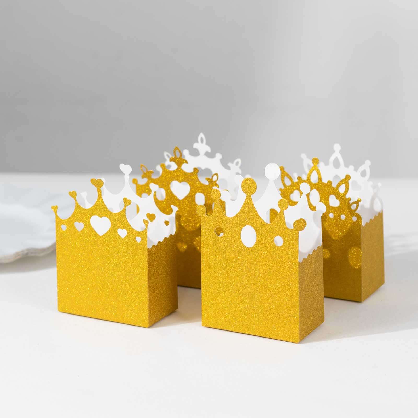20-Pack Cardstock Favor Boxes 3.5"x 2"x 5" Gold Glitter Princess Crown Design - Dazzling Candy Treat Bags for Glam Enchanted Fairy Tale Themed Events & Parties - Image 6