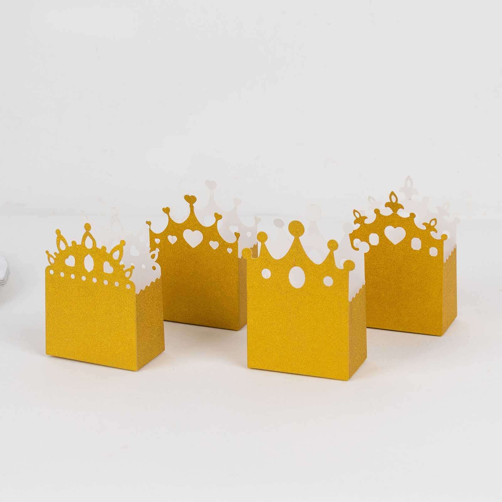 20-Pack Cardstock Favor Boxes 3.5"x 2"x 5" Gold Glitter Princess Crown Design - Dazzling Candy Treat Bags for Glam Enchanted Fairy Tale Themed Events & Parties - Image 8