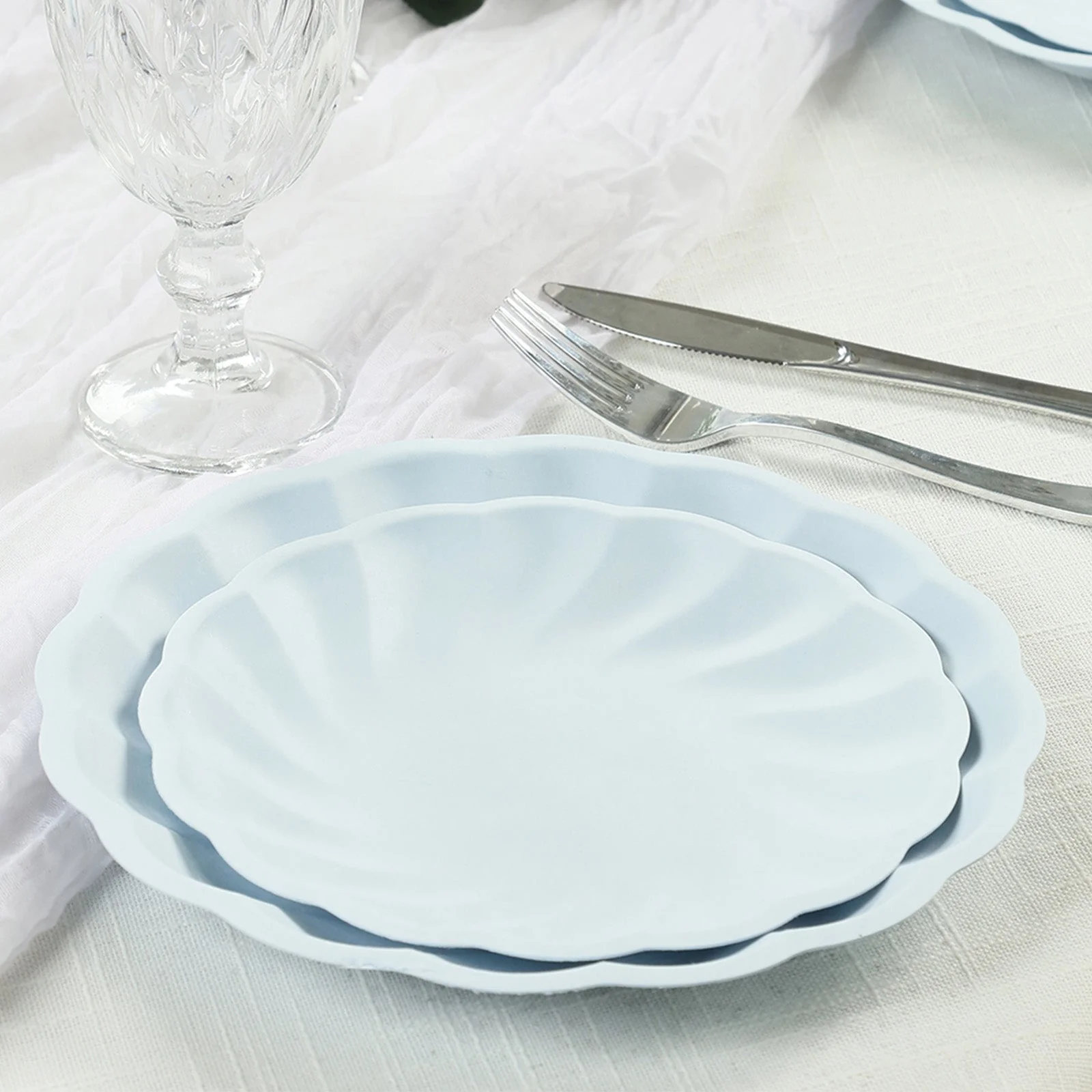 20 Pack Compostable Dessert Plates – 7" Light Blue Swirl Scalloped Pastel Color Salad Plates, Biodegradable Bamboo Tableware - Image 7