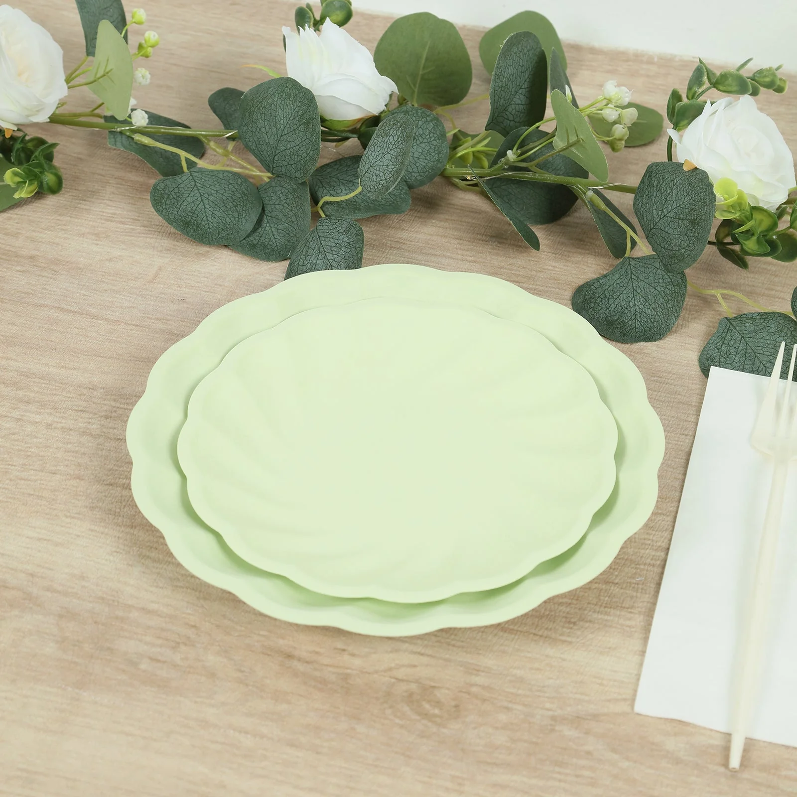 20 Pack Compostable Dessert Plates – 7" Sage Green Swirl Scalloped Pastel Color Salad Plates, Biodegradable Bamboo Tableware