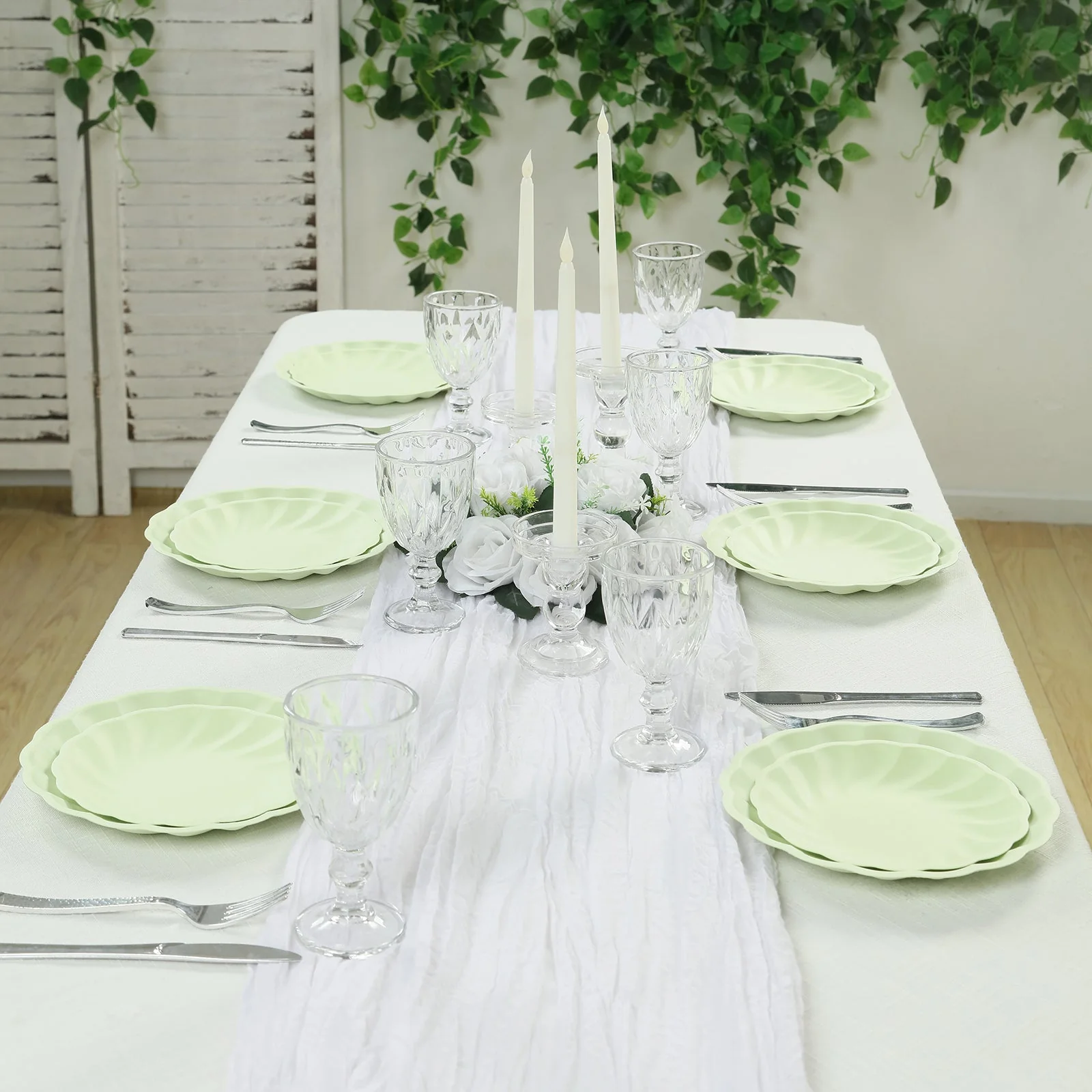 20 Pack Compostable Dessert Plates – 7" Sage Green Swirl Scalloped Pastel Color Salad Plates, Biodegradable Bamboo Tableware - Image 2