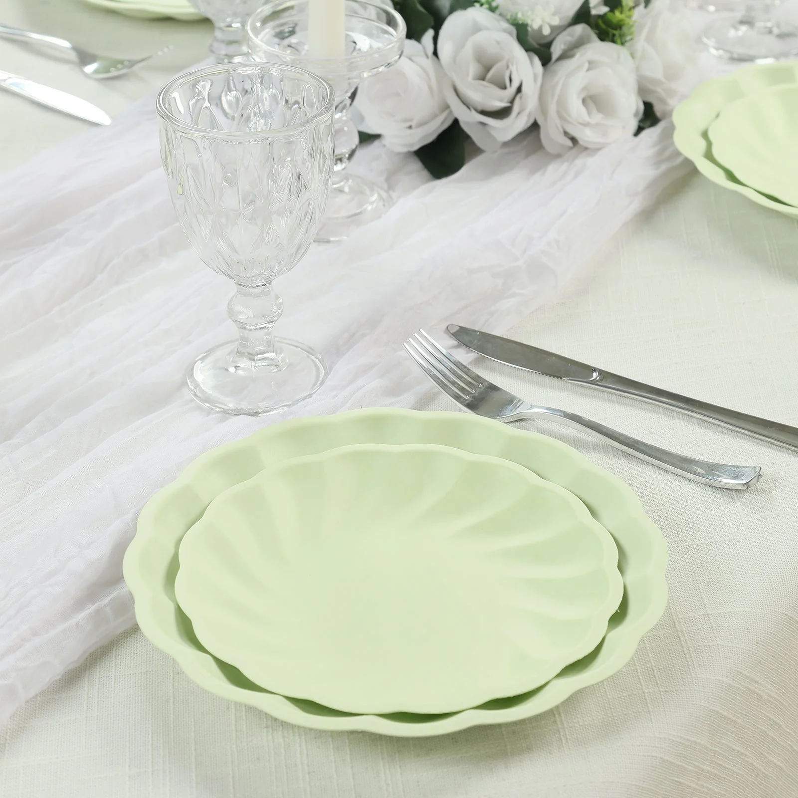 20 Pack Compostable Dessert Plates – 7" Sage Green Swirl Scalloped Pastel Color Salad Plates, Biodegradable Bamboo Tableware - Image 8
